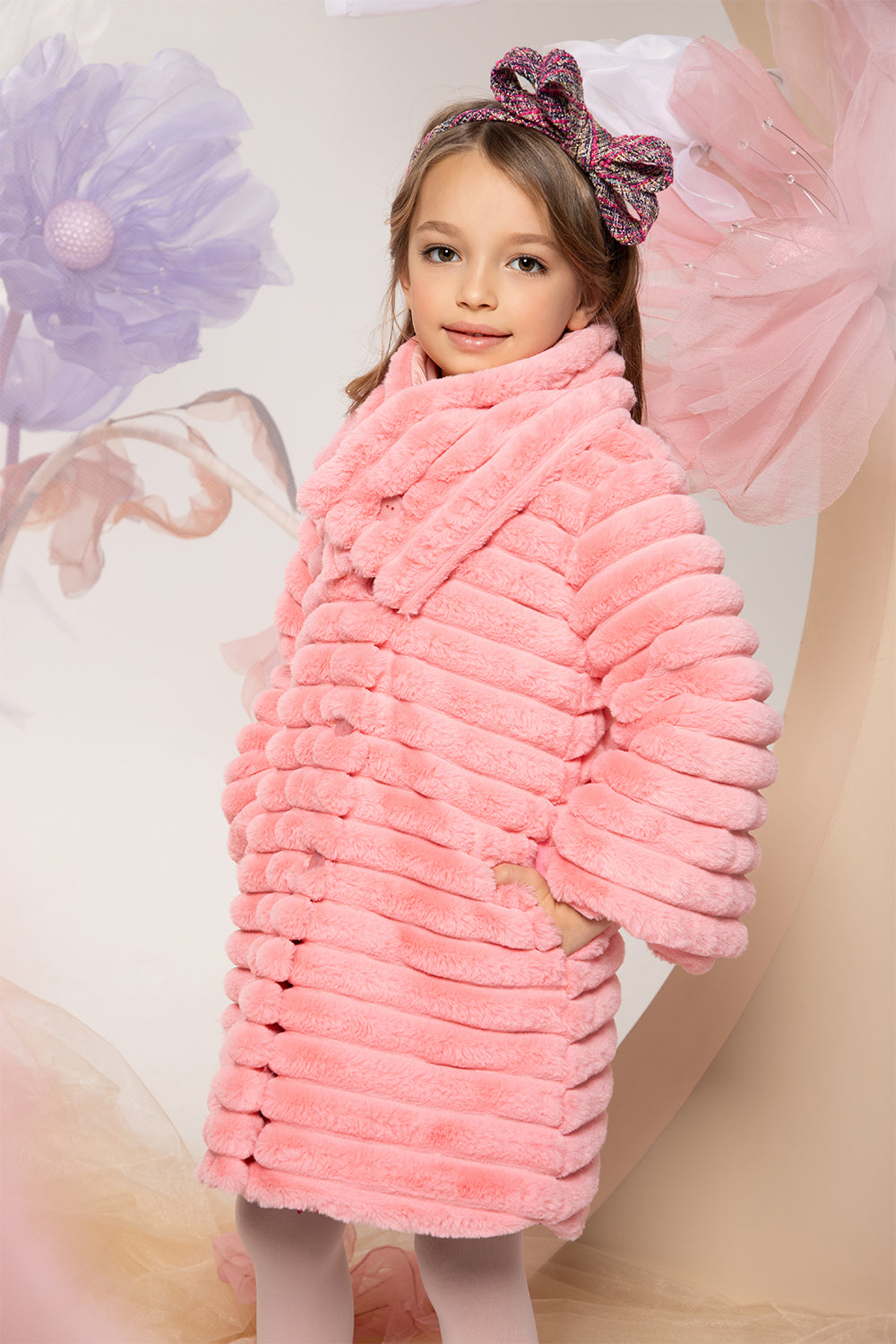 Pink striped padded fur coat with removable collar – EIRENE