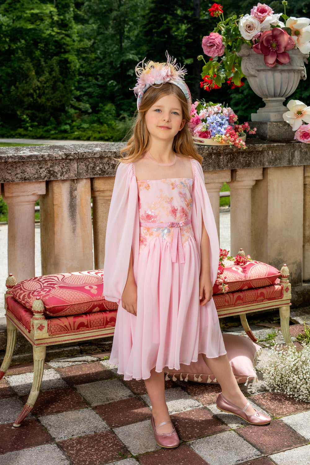 Pink chiffon dress with cape sleeves, sequin pink/blue lace upper part, decorated bow at the waist