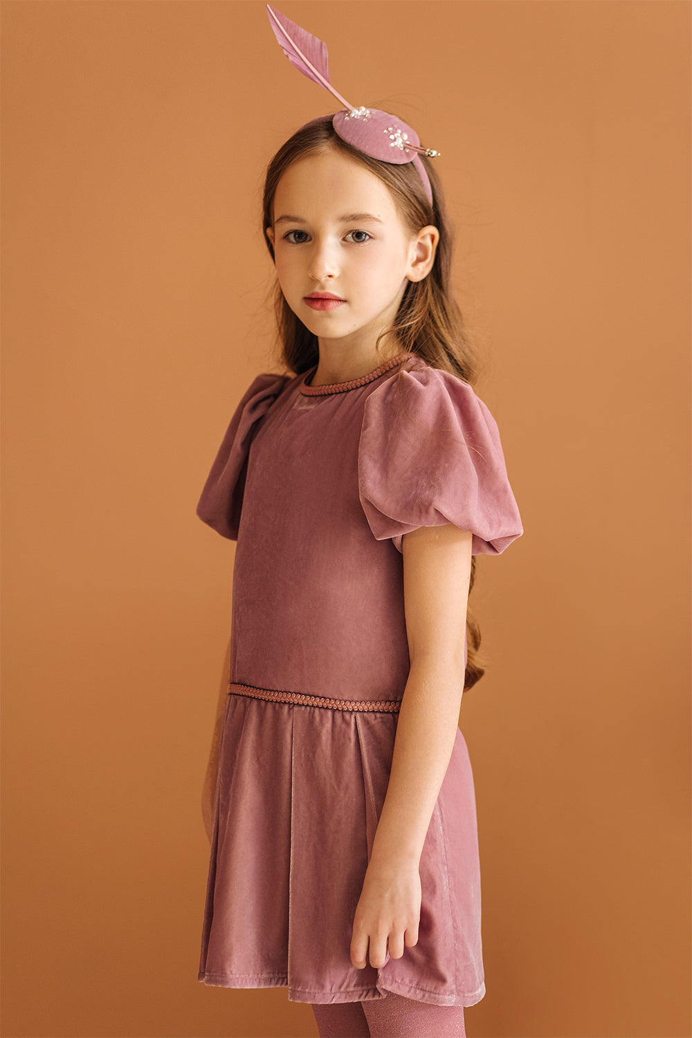 Powder pink velvet dress with matching details