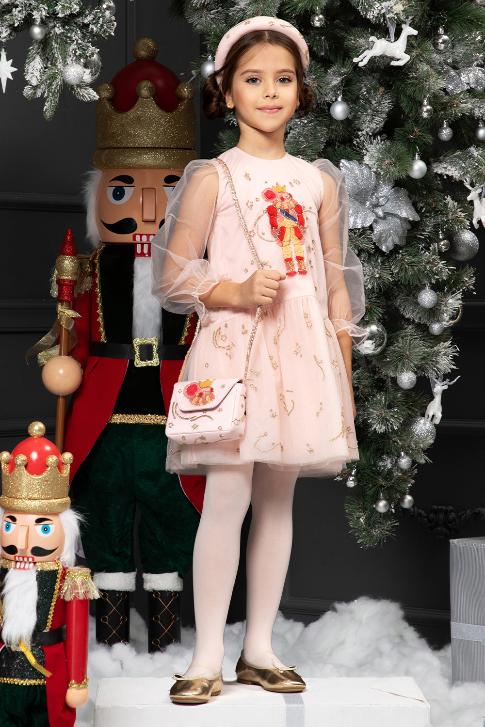 Powder tulle dress with hand-made Christmas mouse and gold sequins