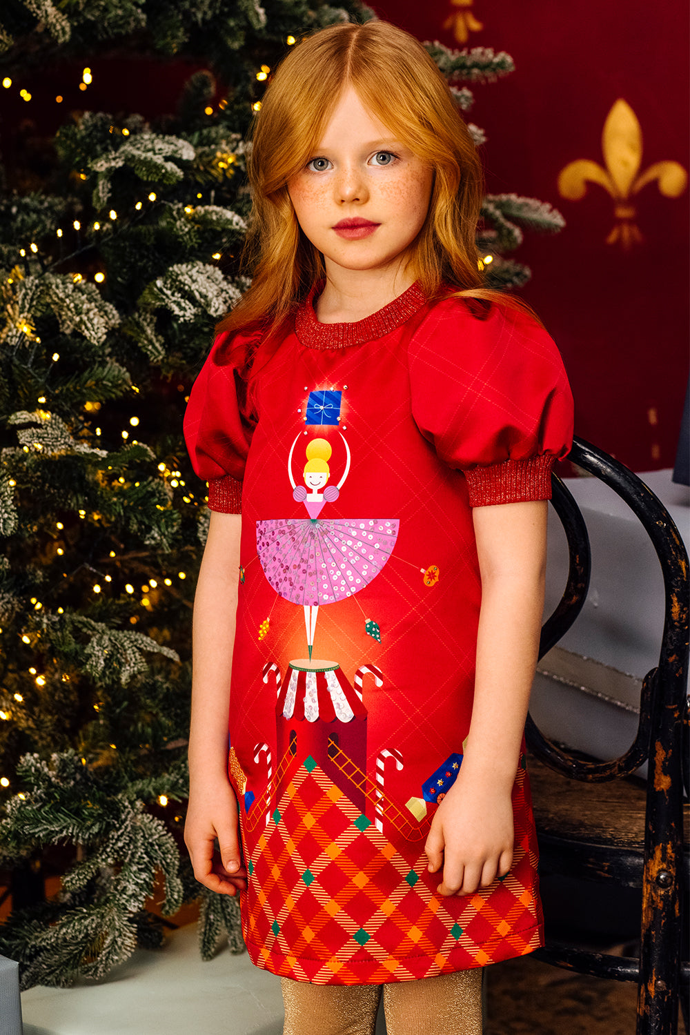 Red A-line Christmas carrousel hand-embellished with sequins and crystals dress with puffed sleeves