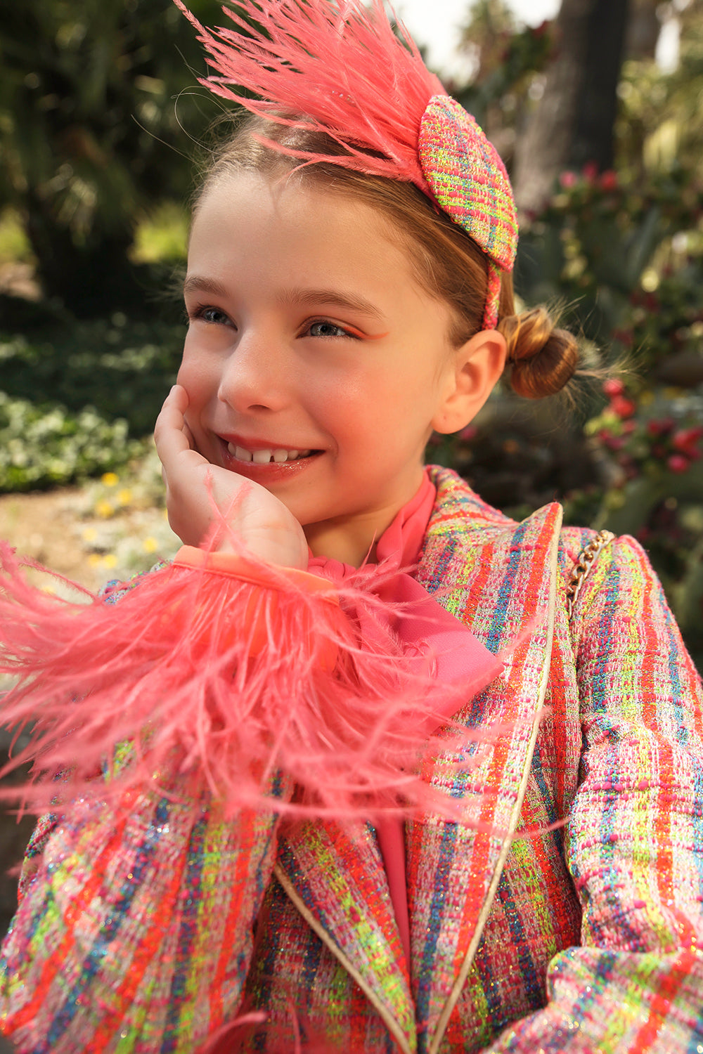 Pink, blue, green neon tweed cotton blend blazer with removable feather cuffs