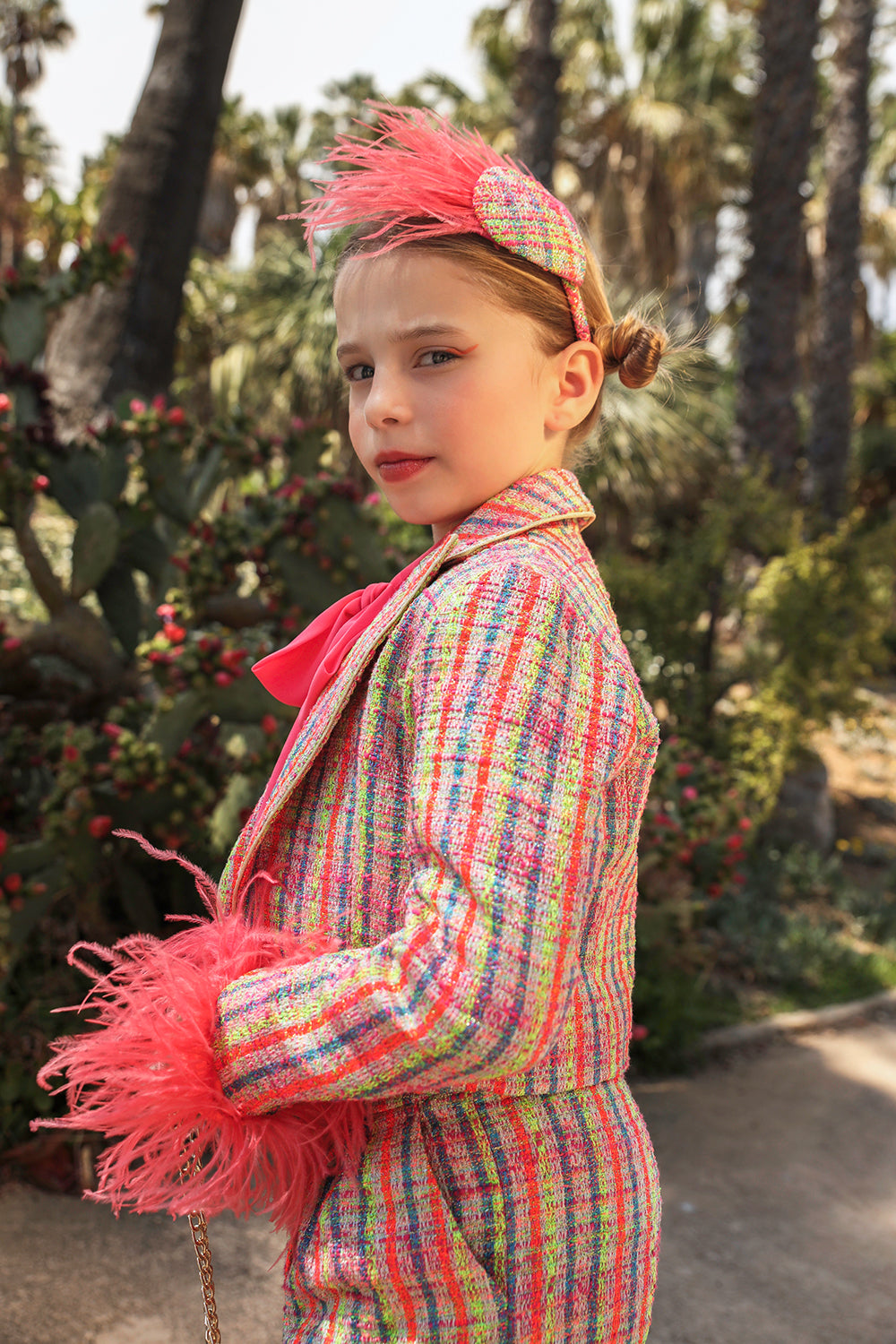 Pink, blue, green neon tweed cotton blend blazer with removable feather cuffs
