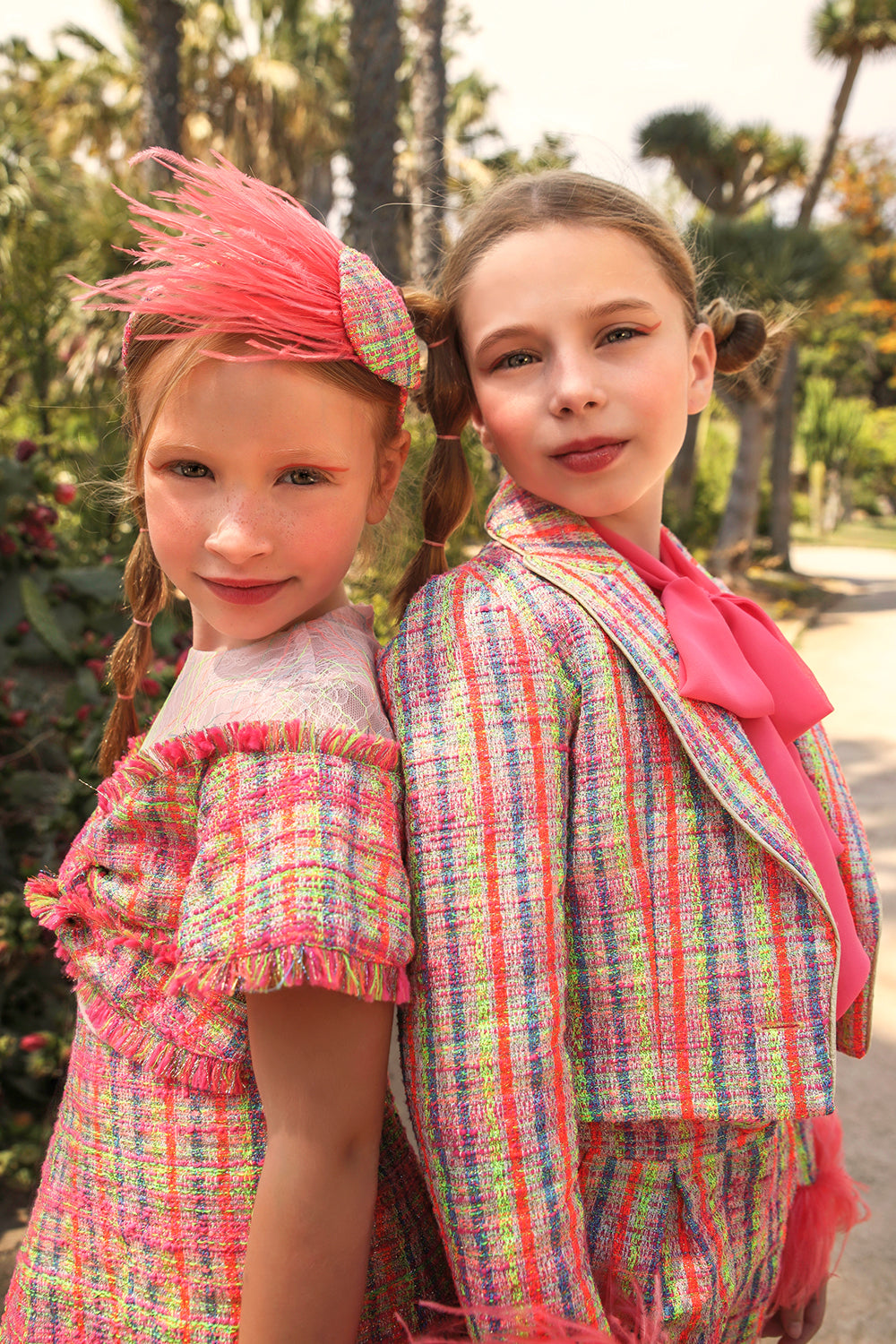 Pink, blue, green neon tweed cotton blend blazer with removable feather cuffs