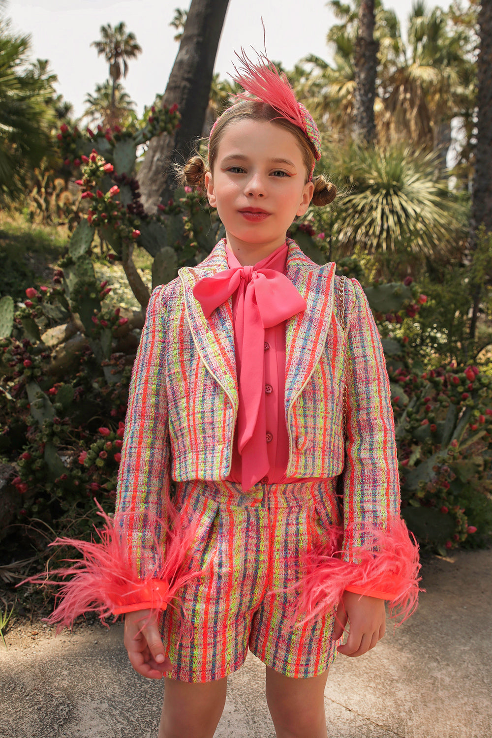 Pink, blue, green neon tweed cotton blend blazer with removable feather cuffs