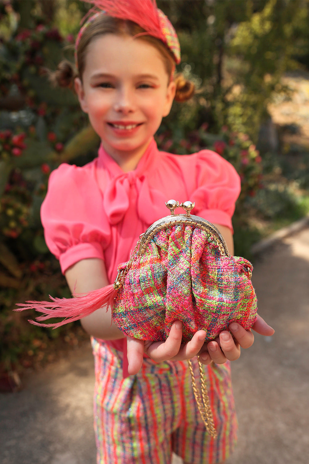 Pink, blue, green neon tweed cotton blend bag with feather pendant