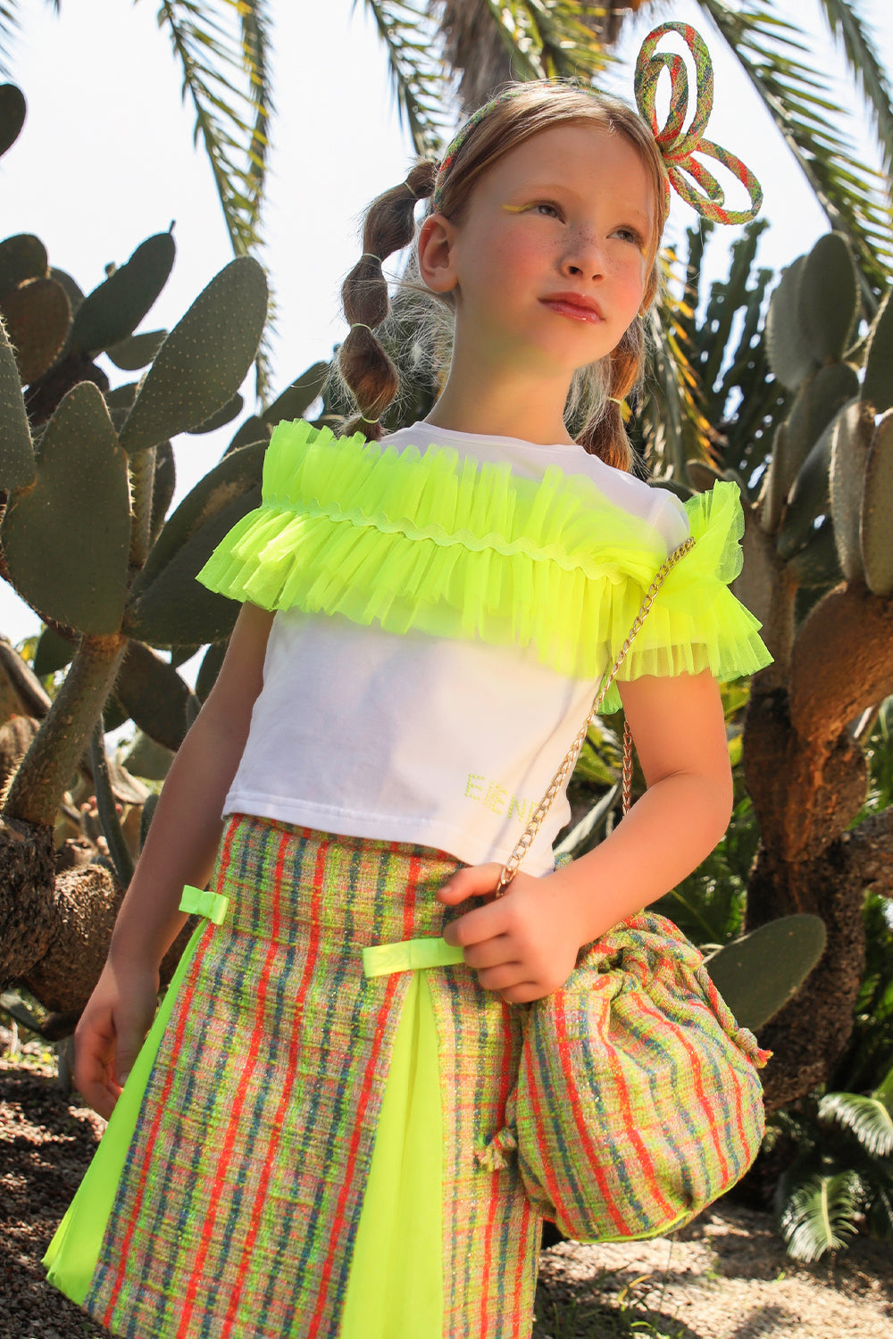 Green, yellow, fuchisa and neon tweed bag