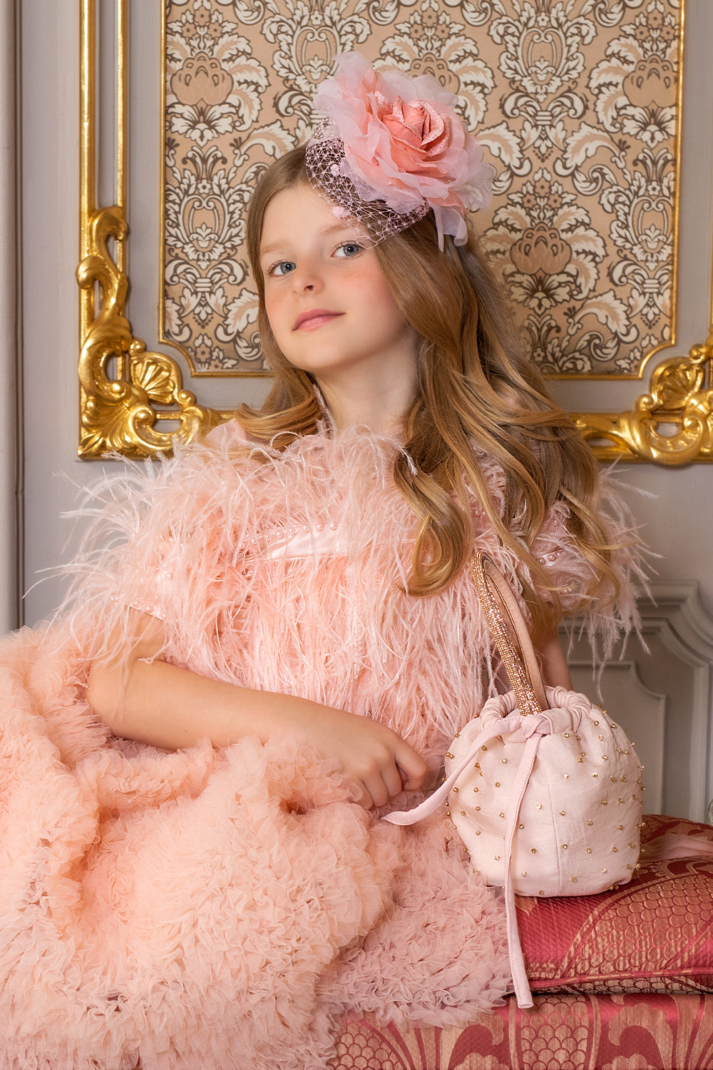 Hand-made pale pink bag with gold crystals