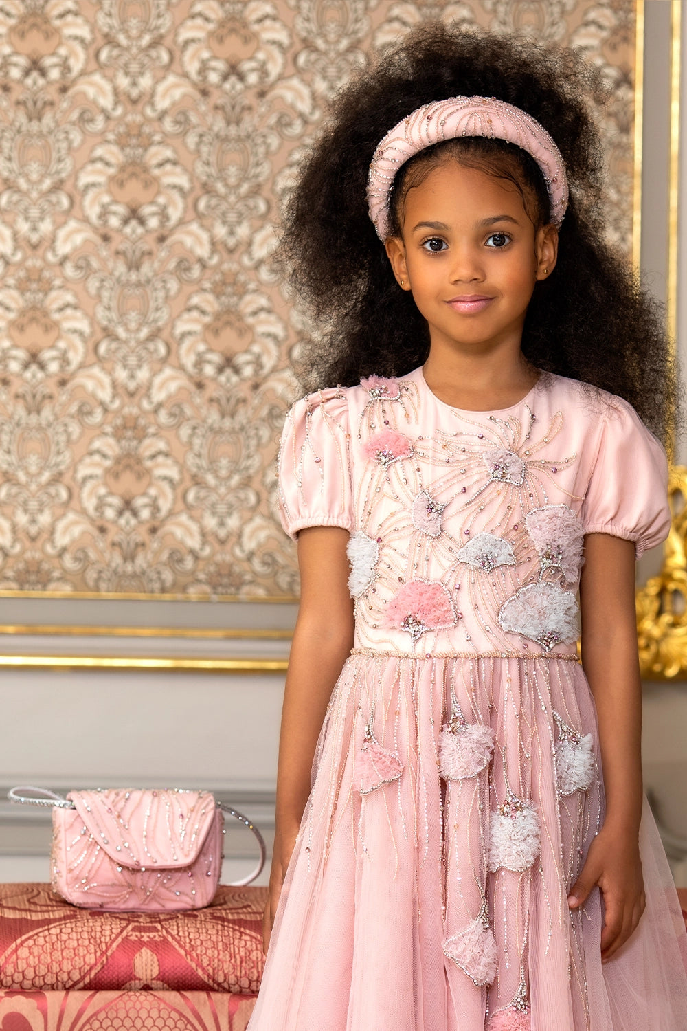 Crystals and beads hand-embellished pink bag with silver handle