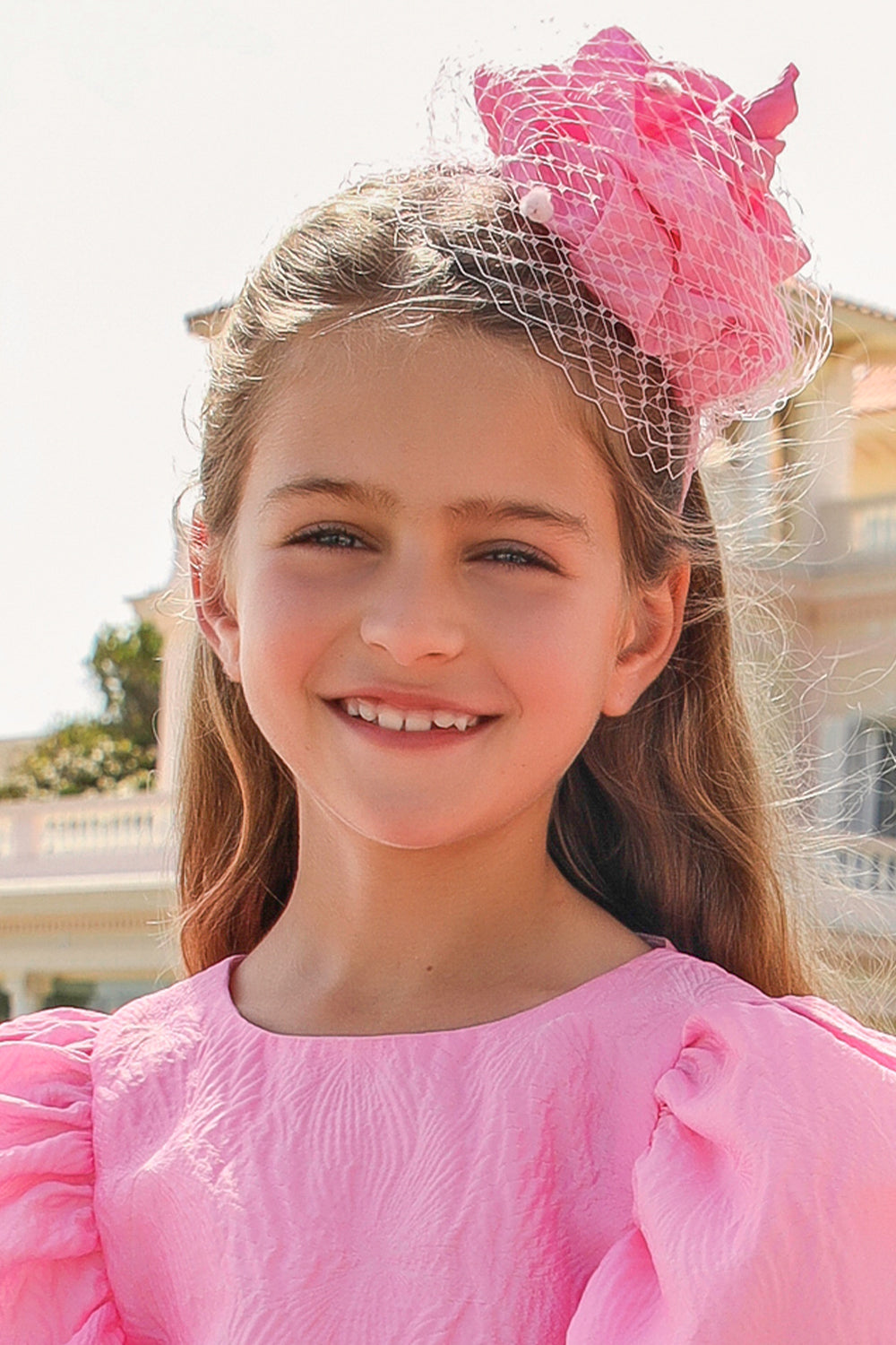 Bright pink jacquard headband with veil