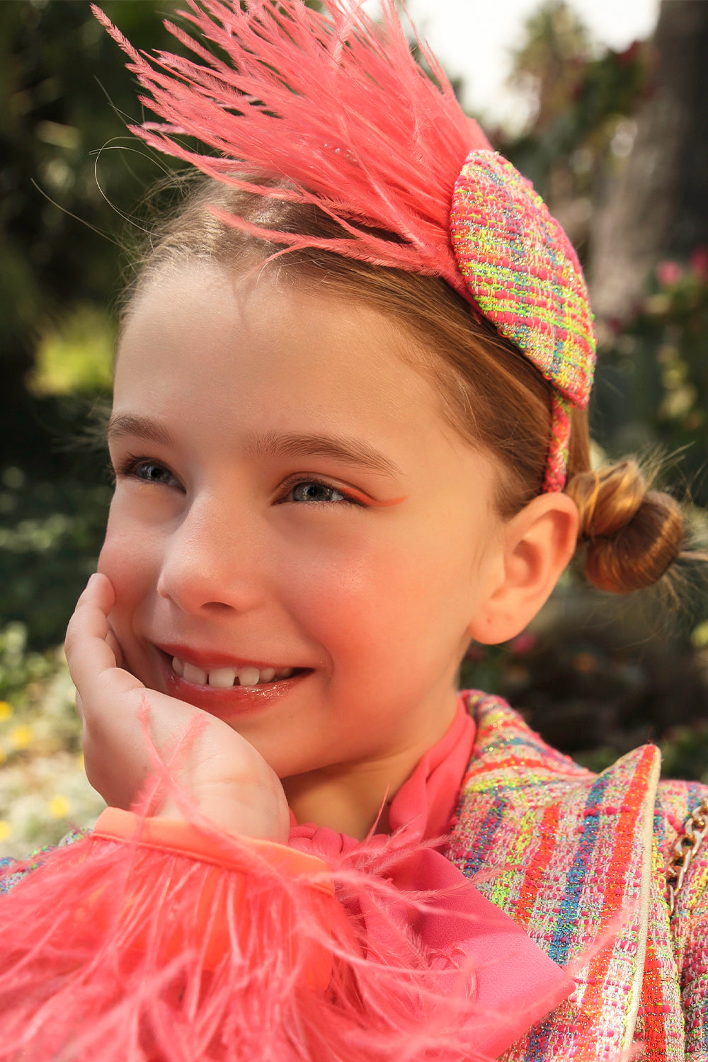 Pink, blue, green neon tweed headband with feathers