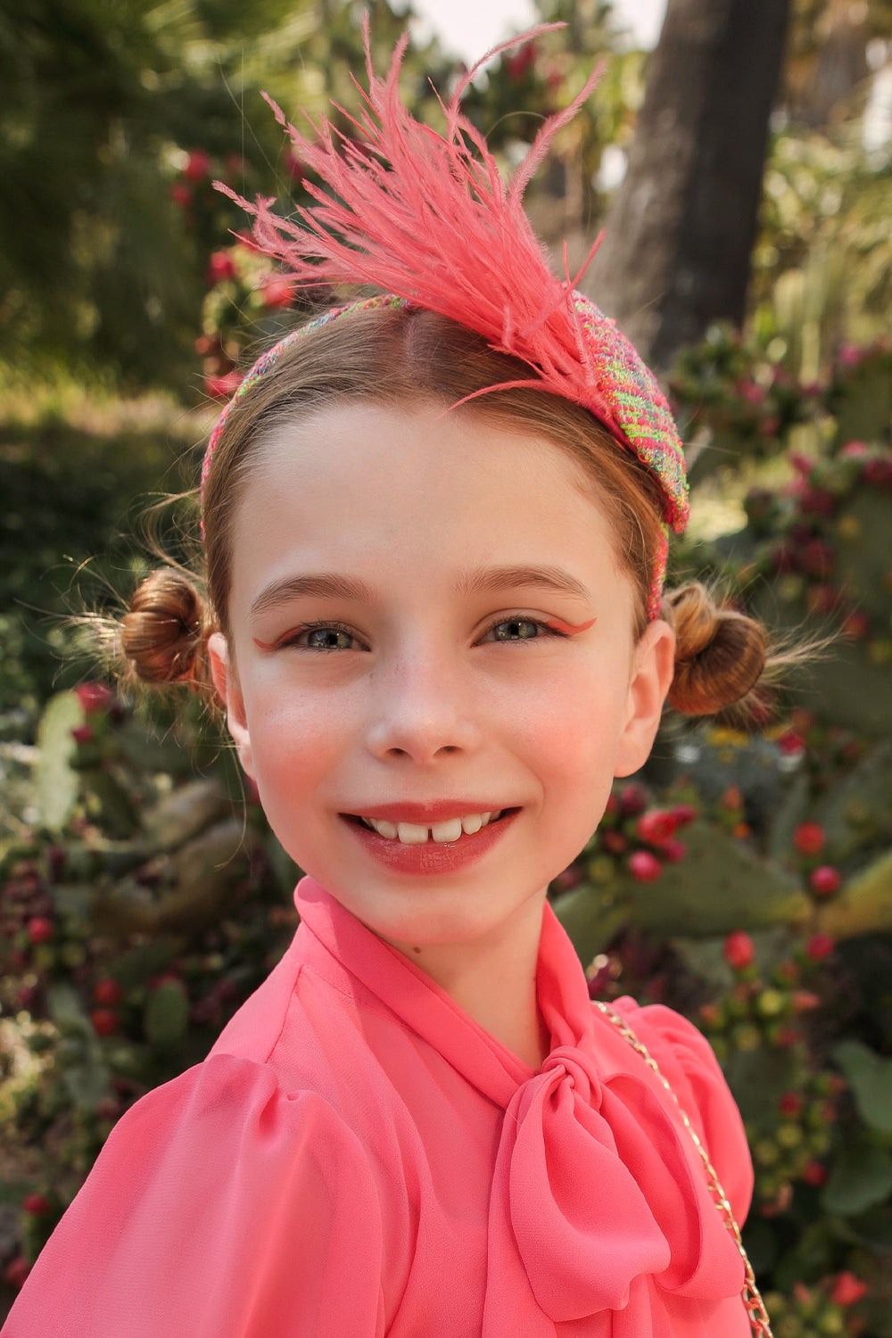 Pink, blue, green neon tweed headband with feathers