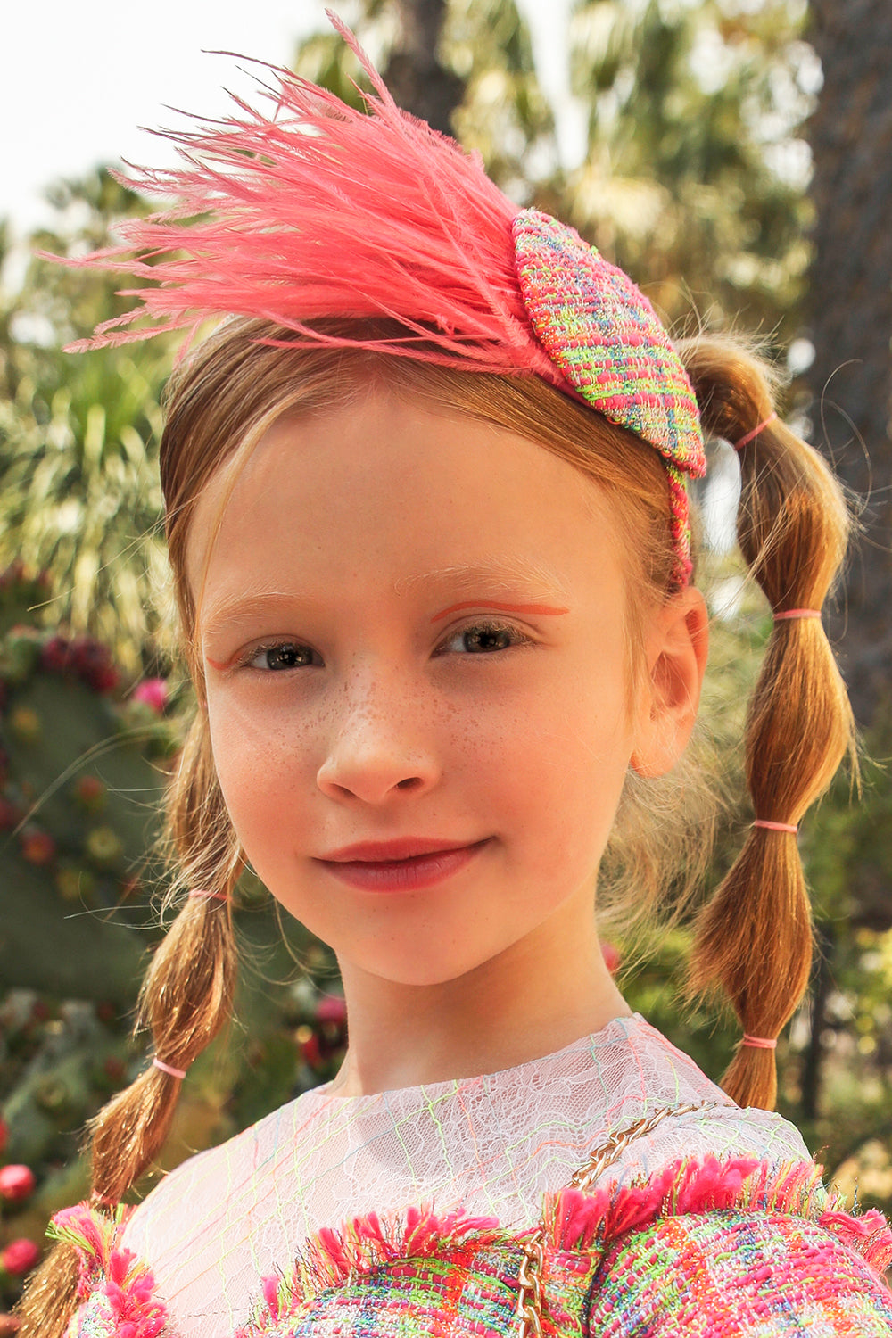 Pink, blue, green neon tweed headband with feathers