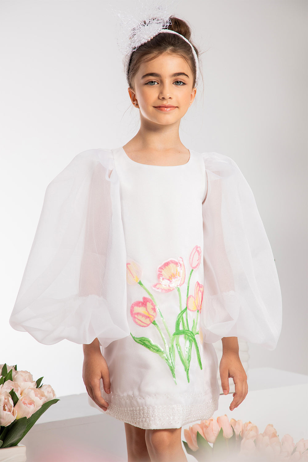 White organza dress with sequin tulip embroidery