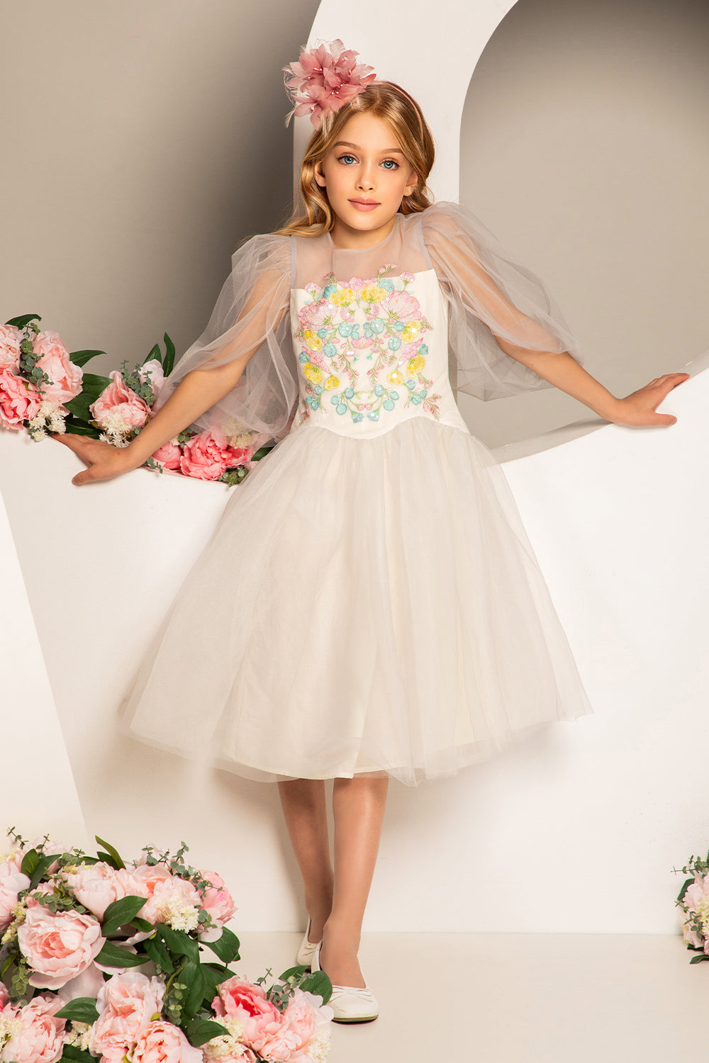 Light gray tulle dress with pastel colors floral embroidery