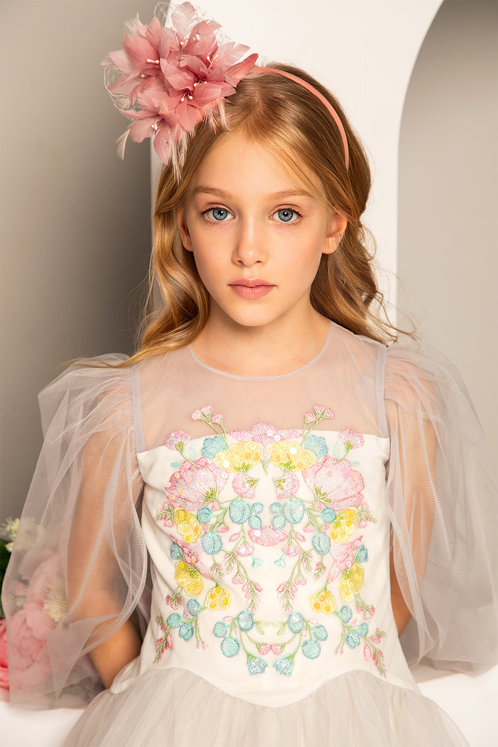 Light gray tulle dress with pastel colors floral embroidery