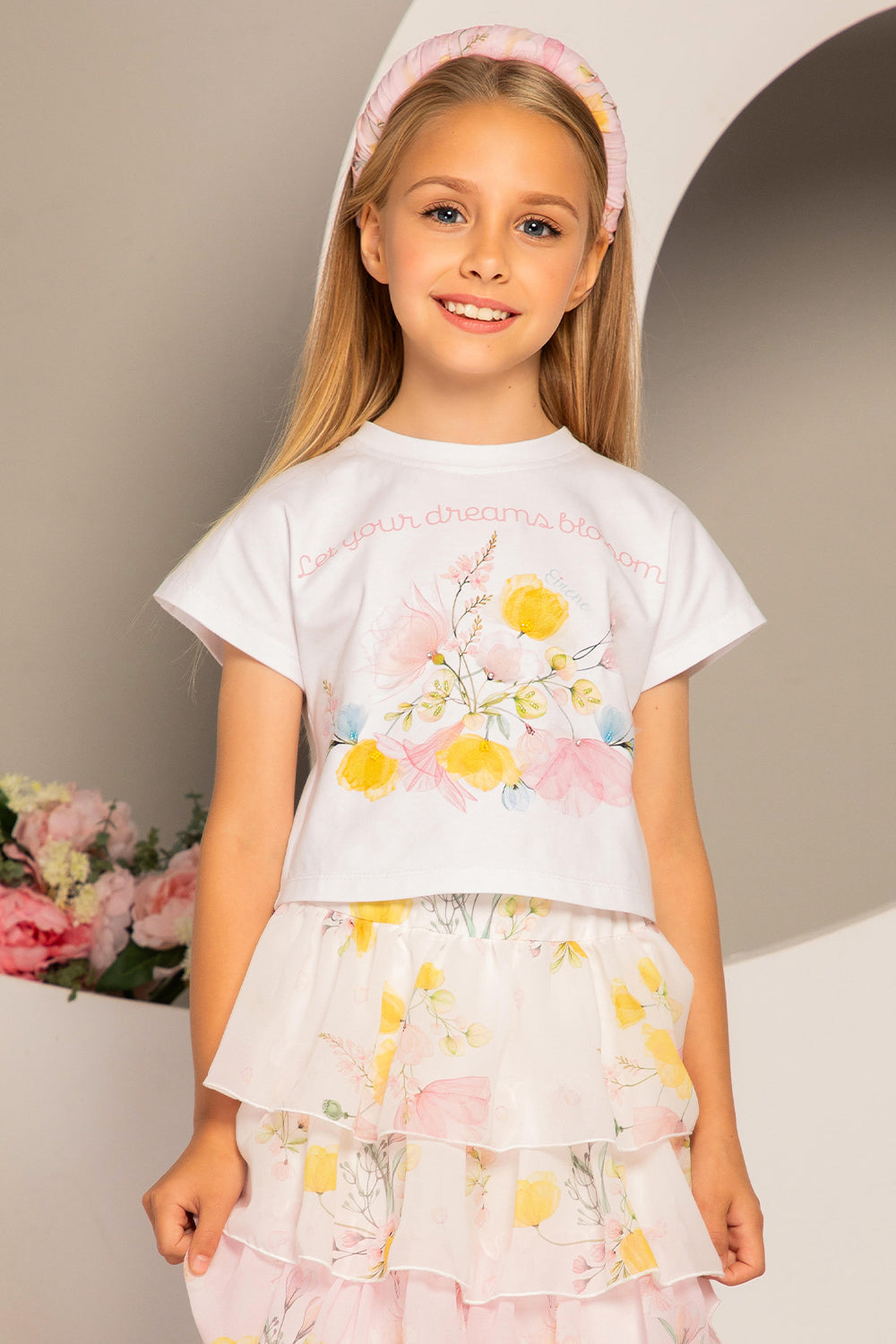 White floral t-shirt with hand-embellishments