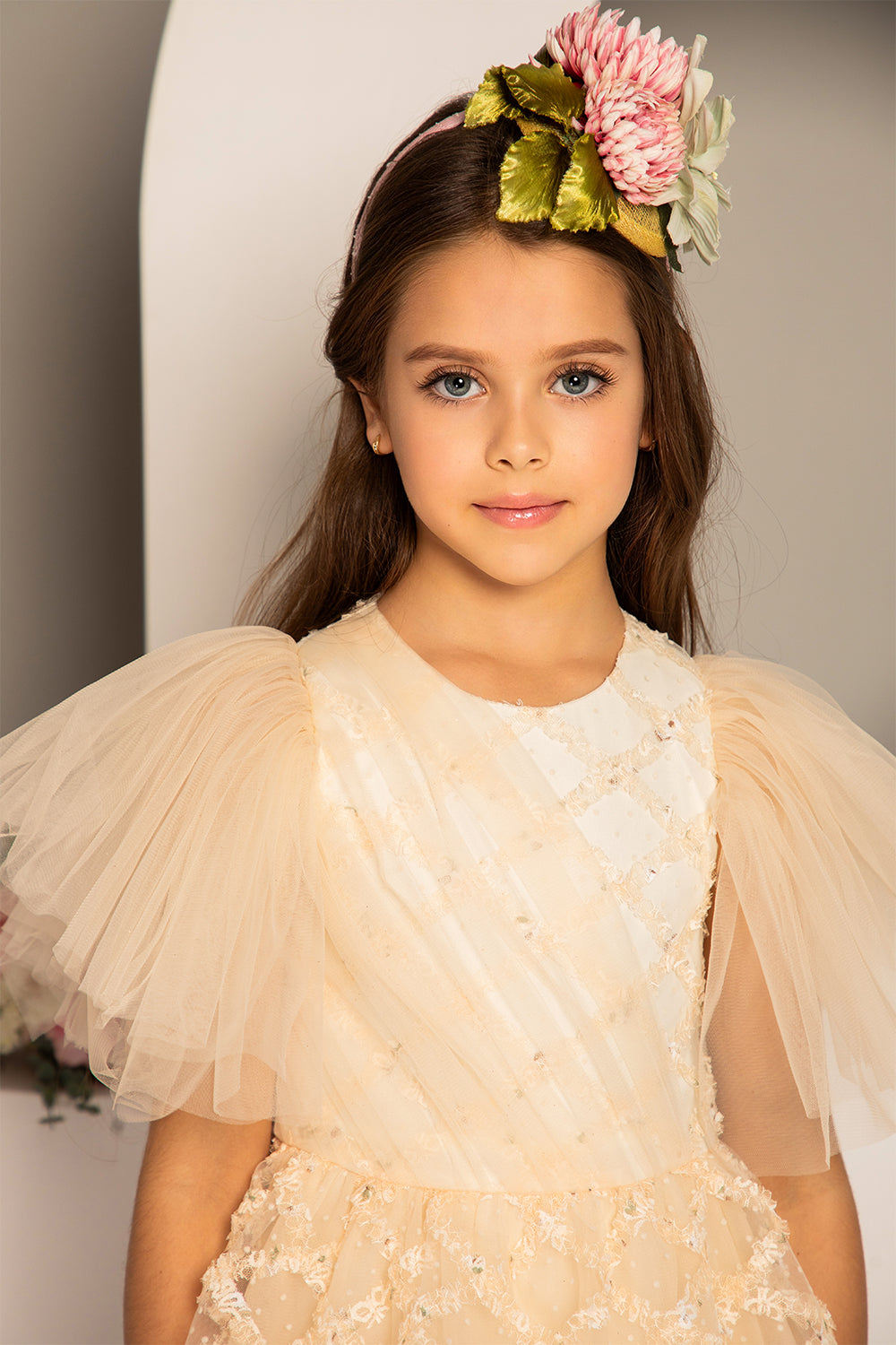 Ivory tulle layered dress with tulle front detail and tulle sleeves