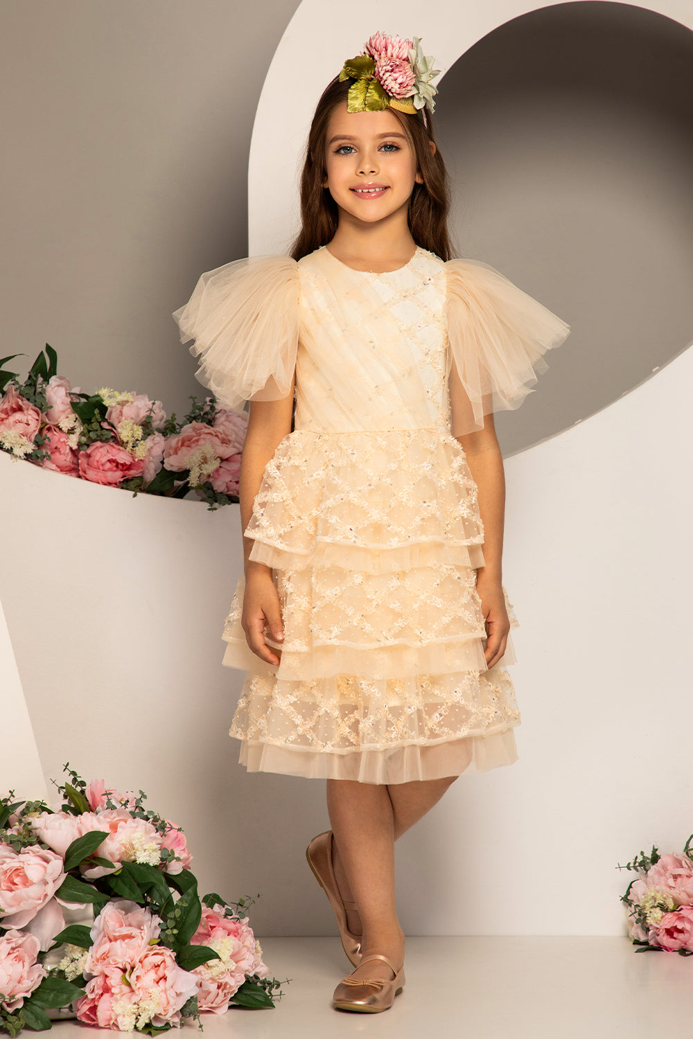 Ivory tulle layered dress with tulle front detail and tulle sleeves