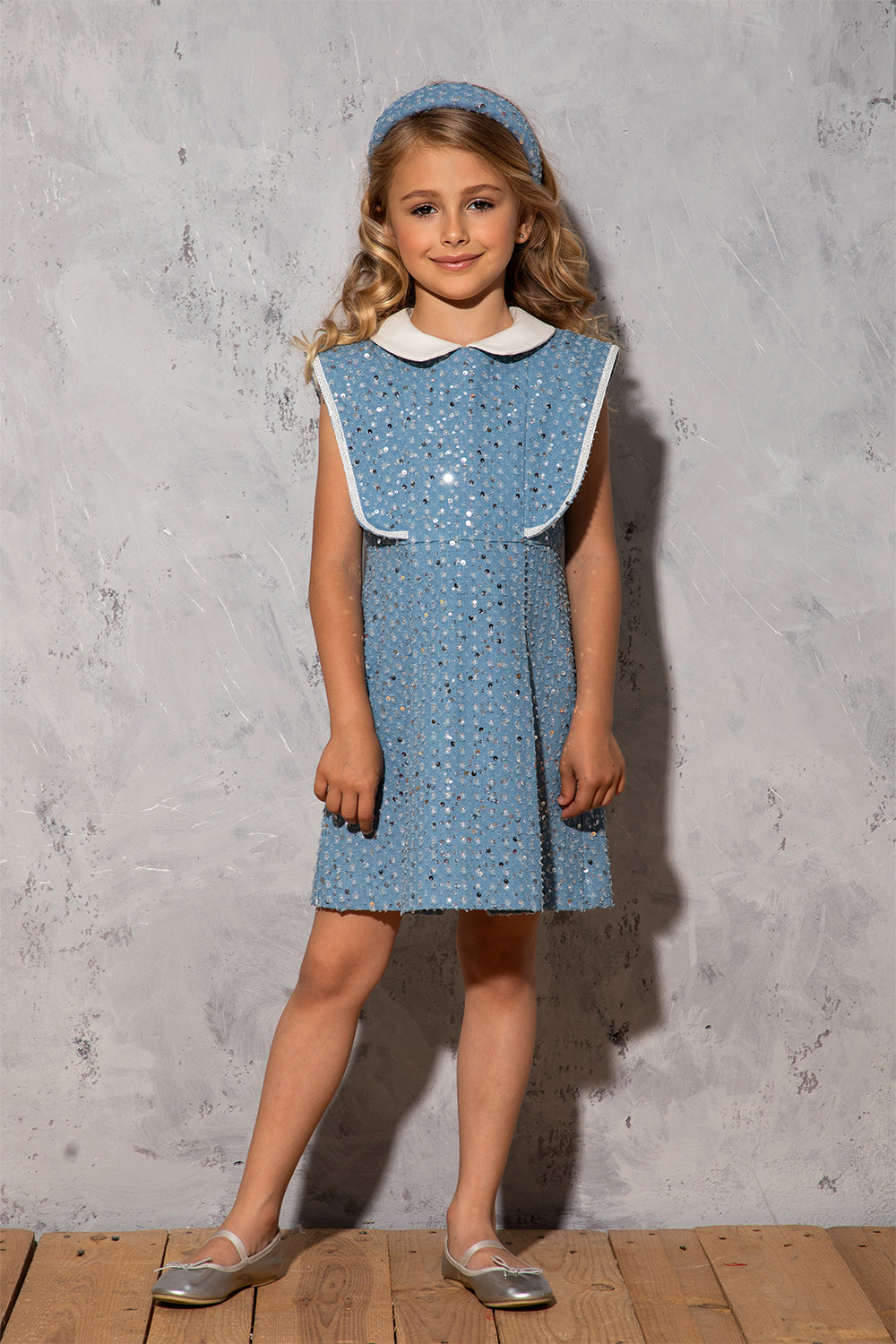 Denim dress with silver sequins and white collar