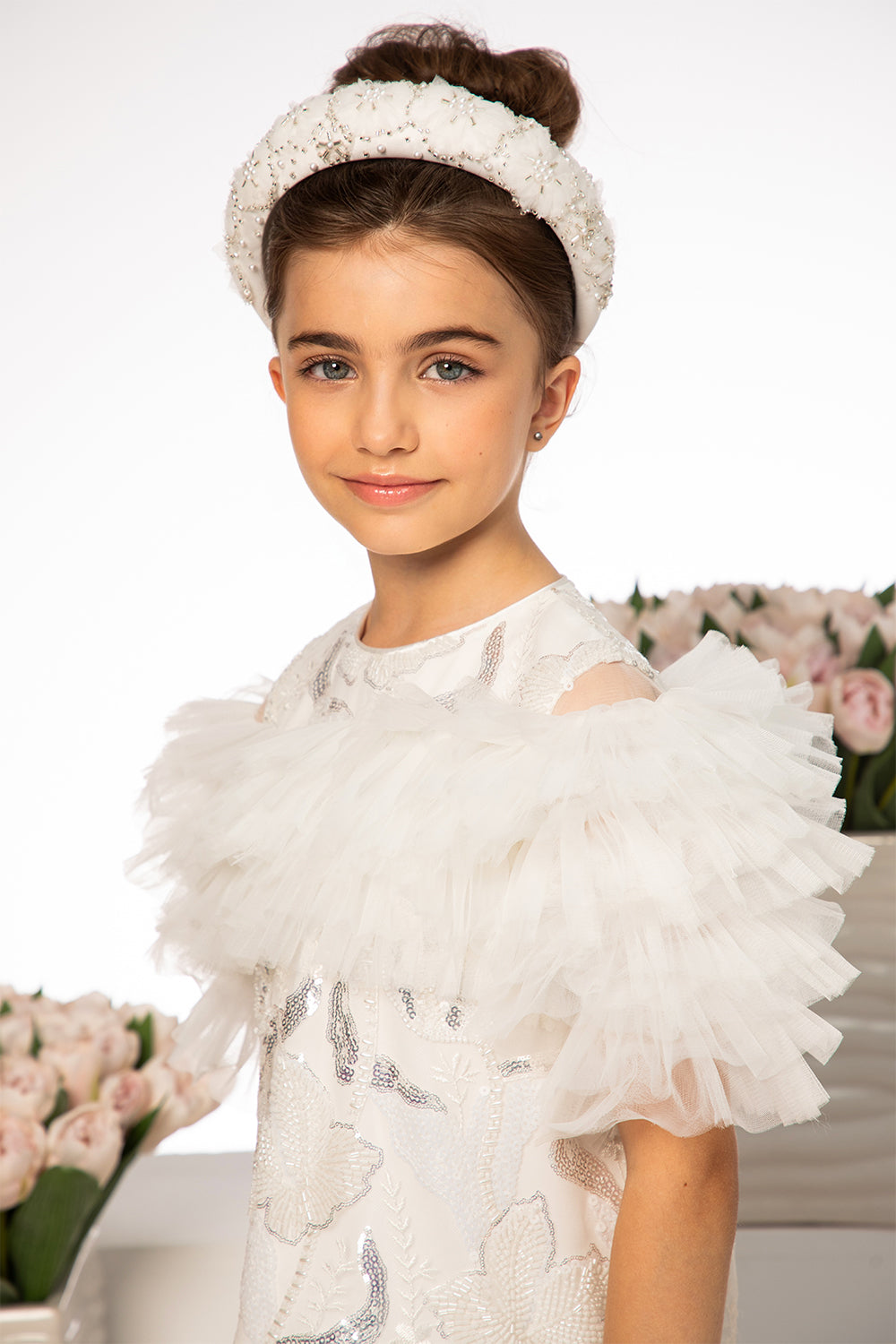 White and silver tulip sequin embroidery A-line dress with white tulle frills