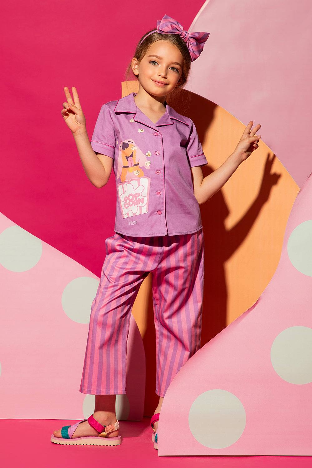 Purple set with striped trousers and popcorn and dog shirt