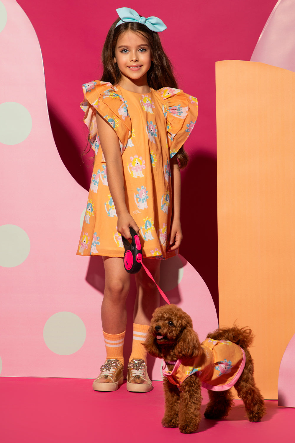 Orange satin cotton dress with beagle print