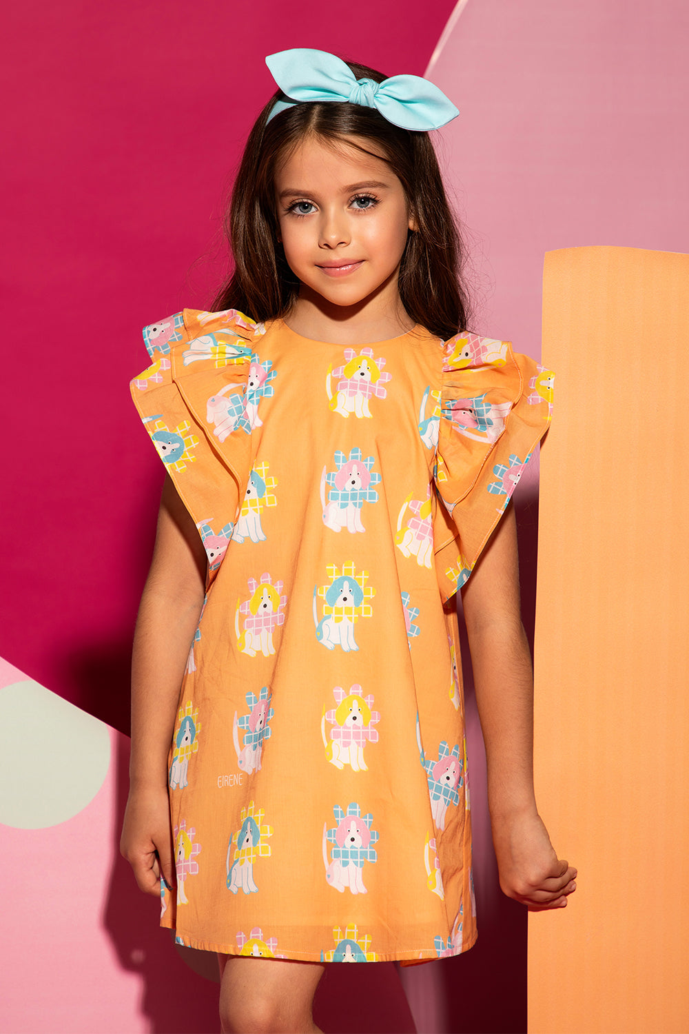 Orange satin cotton dress with beagle print