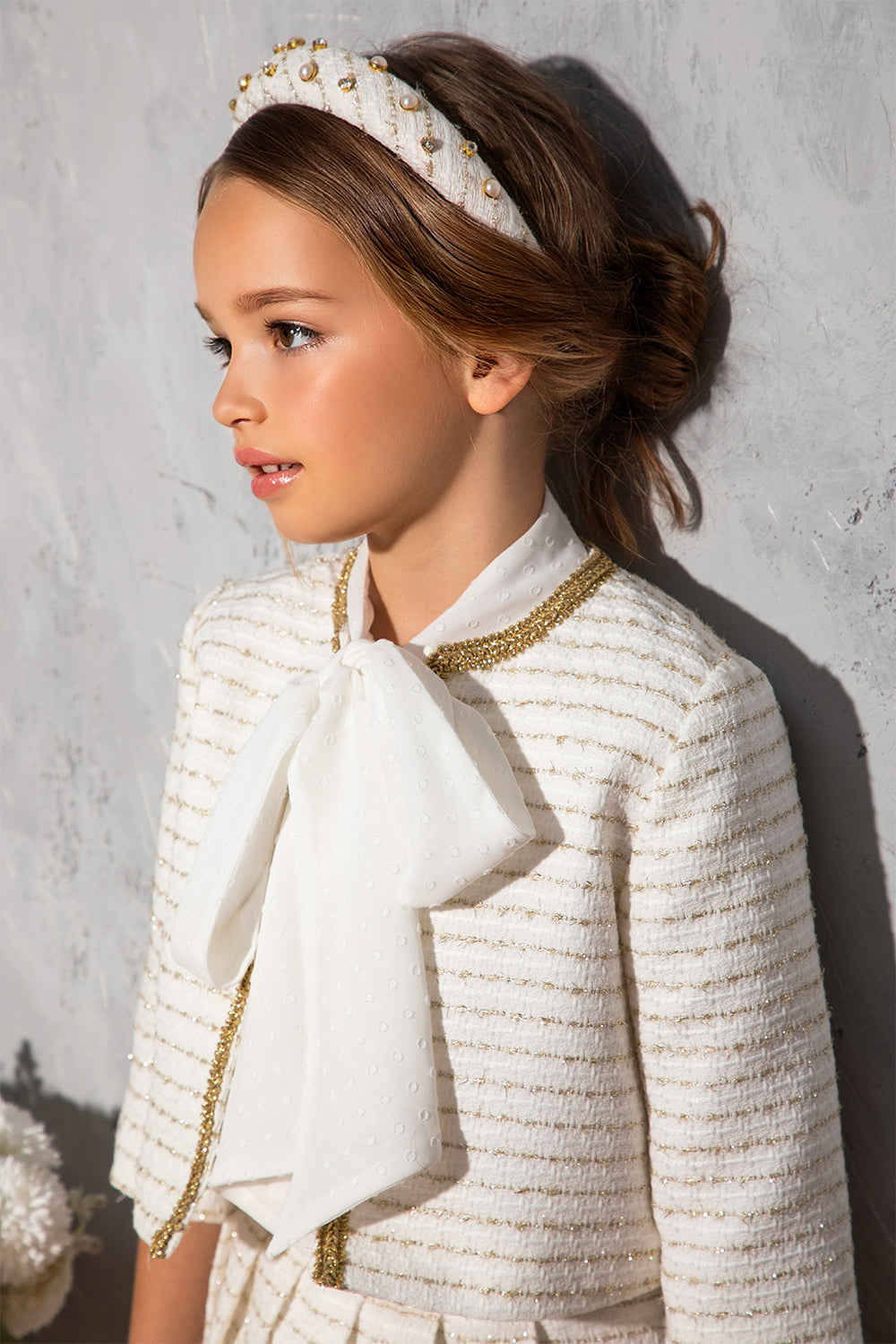 Off-white and gold tweed blazer with gold trimmings