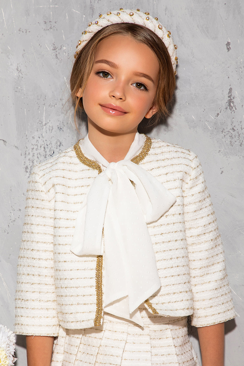 Off-white and gold tweed blazer with gold trimmings