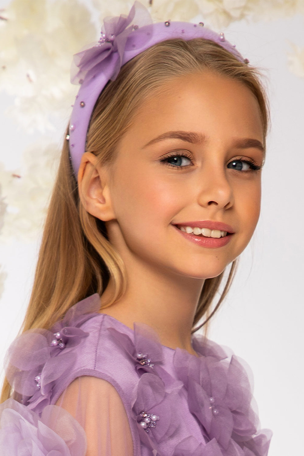 Lilac 3D flowers, pearls and crystals hand-embellished headband