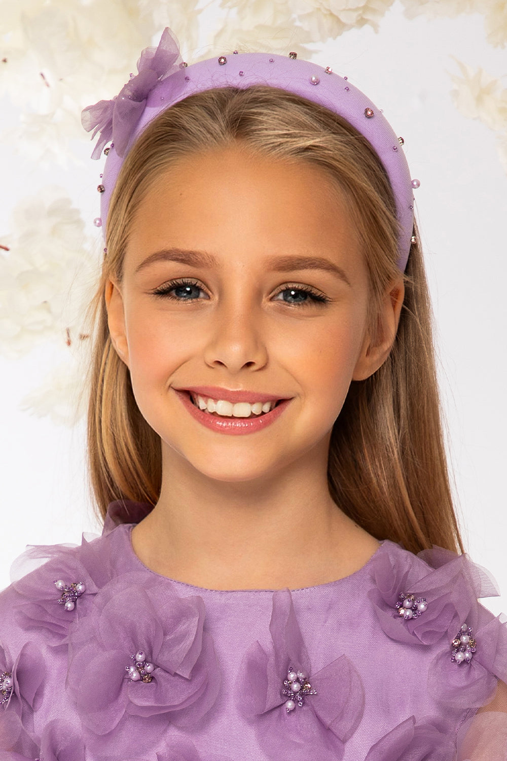 Lilac 3D flowers, pearls and crystals hand-embellished headband