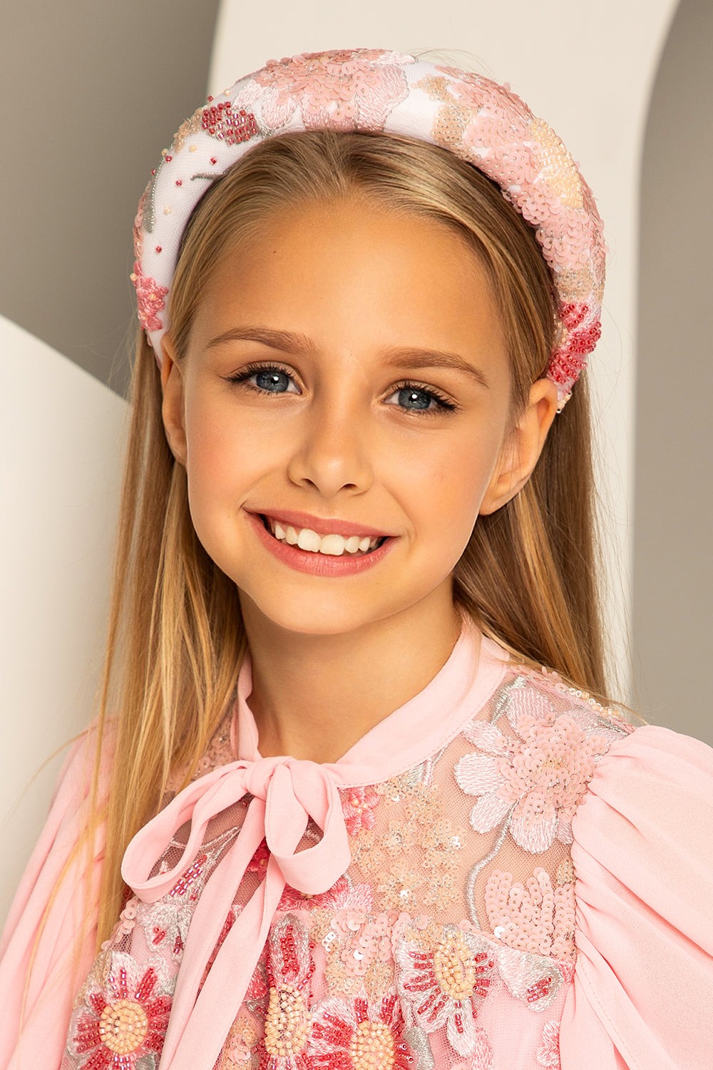 Pink sequins and beads embroidered lace headband