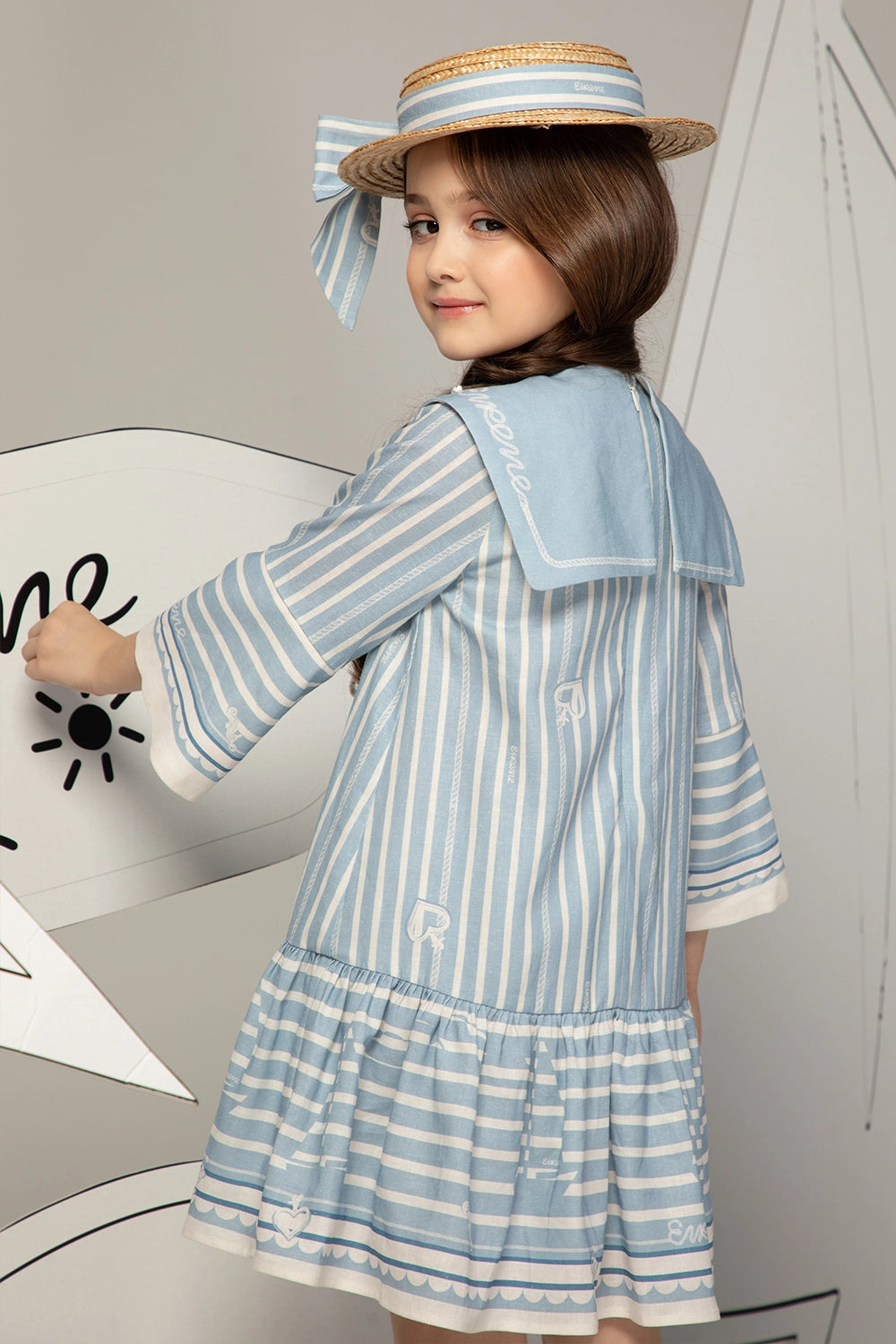 Light blue linen dress with sailor collar, striped pattern