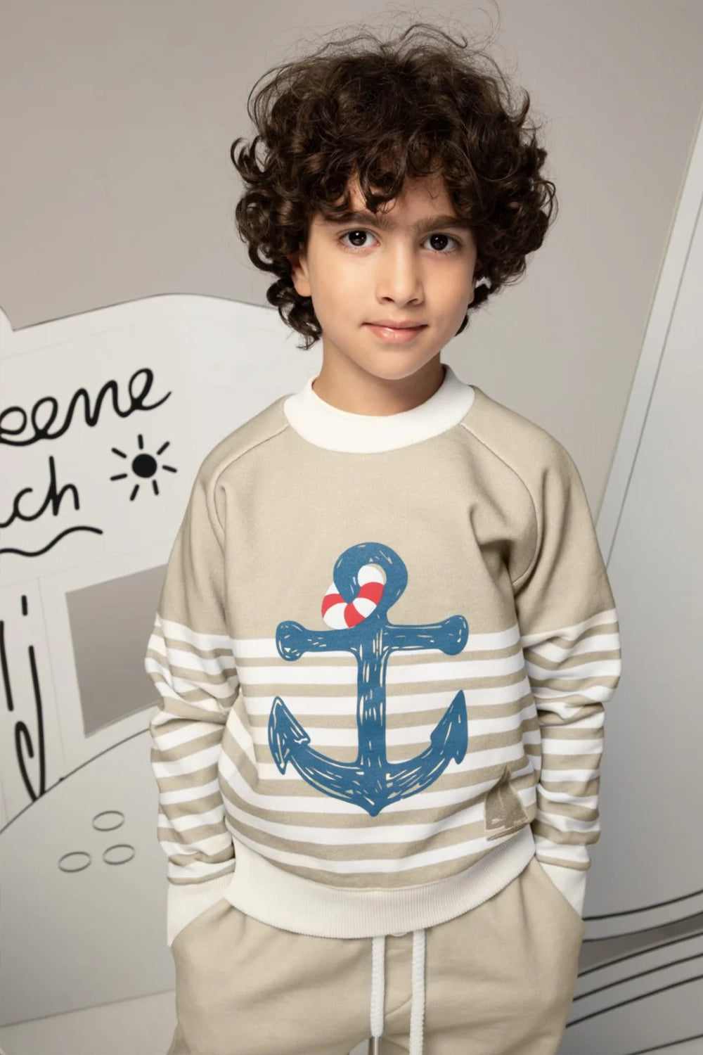 Striped cotton sweatshirt with a navy anchor print