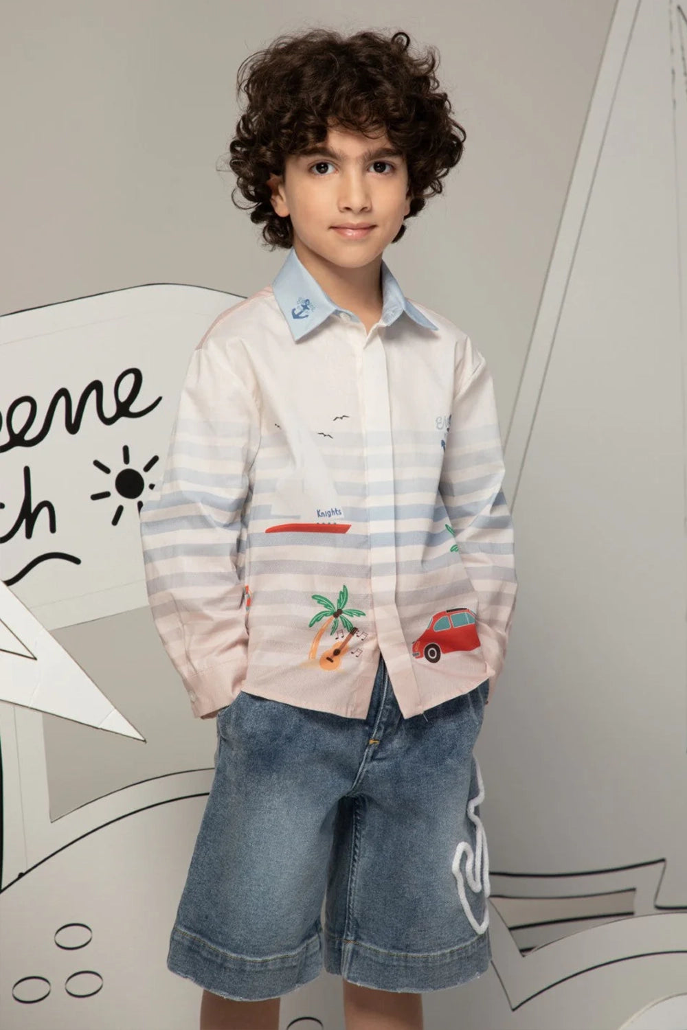 White button-up shirt with soft blue stripes and beach prints, finished with a light blue collar.