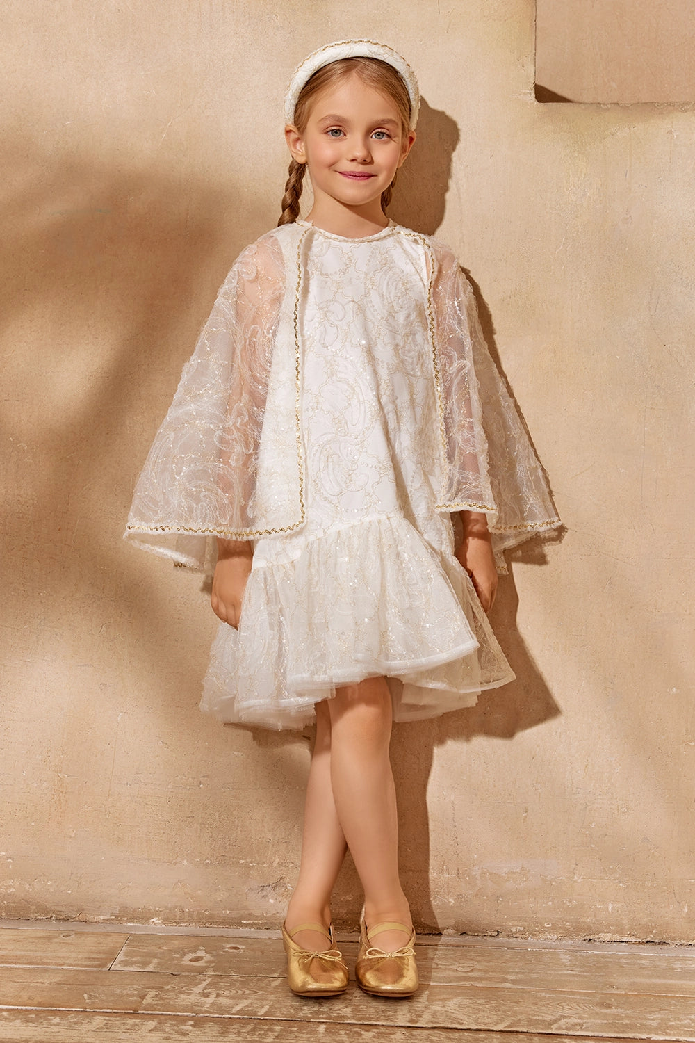 Ivory and gold lace dress with flared sheer cape sleeves