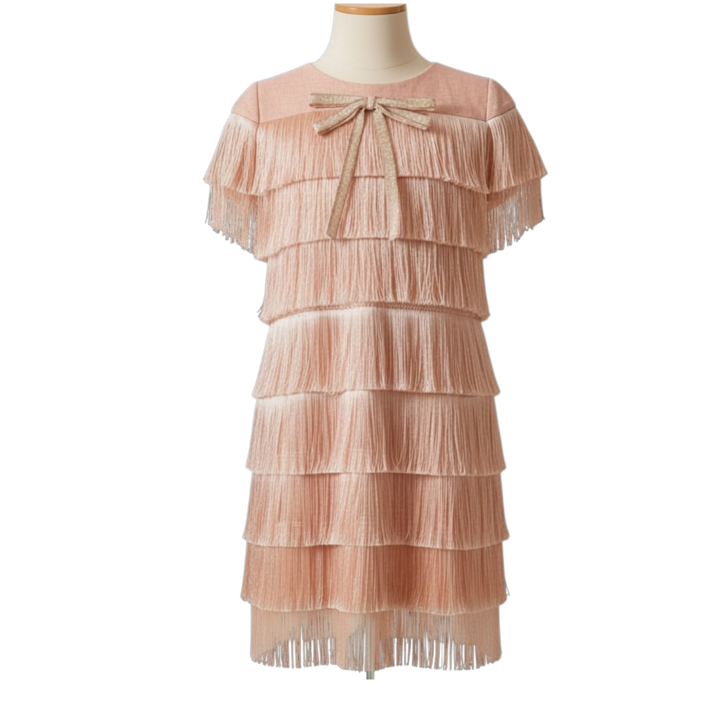 فستان متلألئ متعدد الطبقات مزين بشراشيب وأكمام قصيرة وتفاصيل فيونكة ذهبية