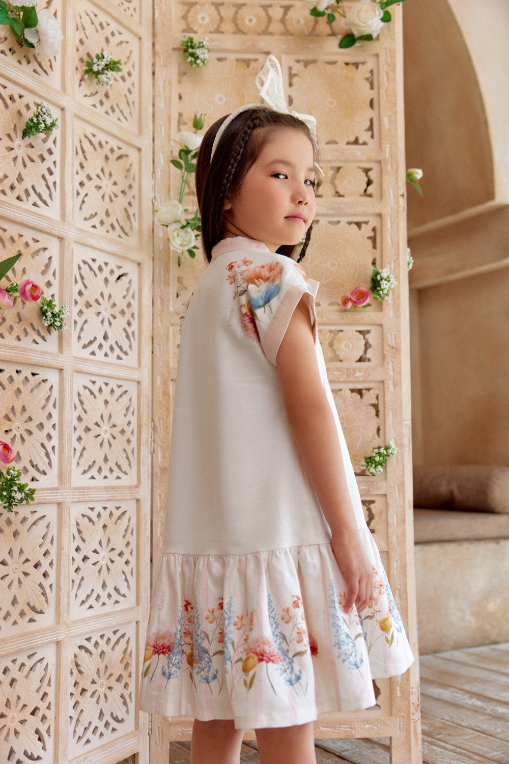 Light ivory dress with floral prints and cap sleeves