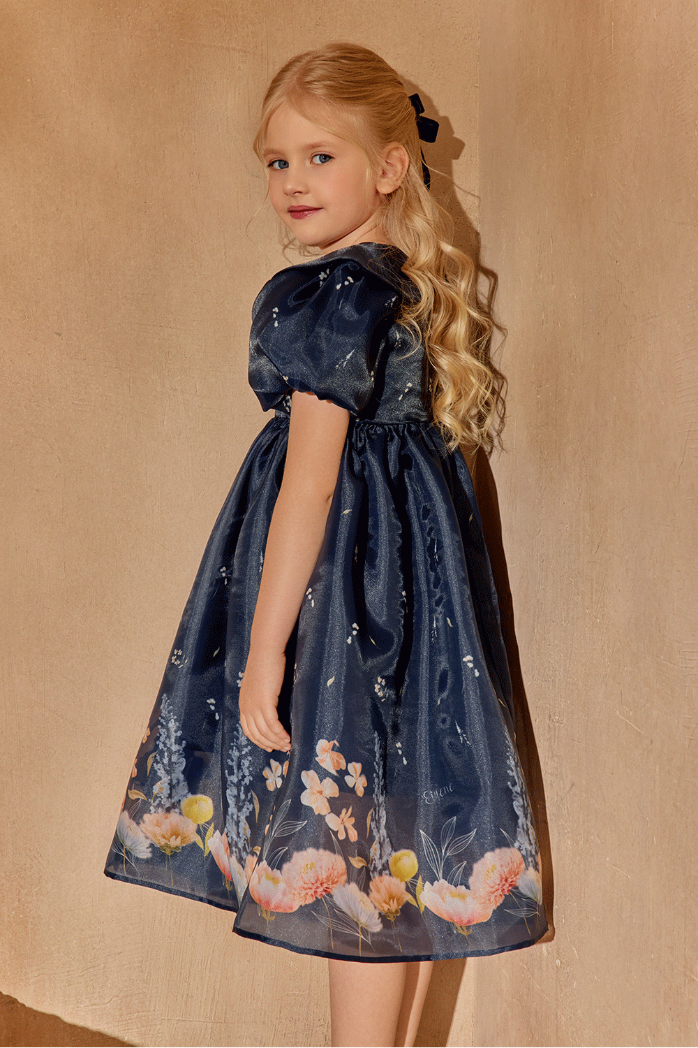 Midnight floral dress with short puffed sleeves and hand-embelished collar