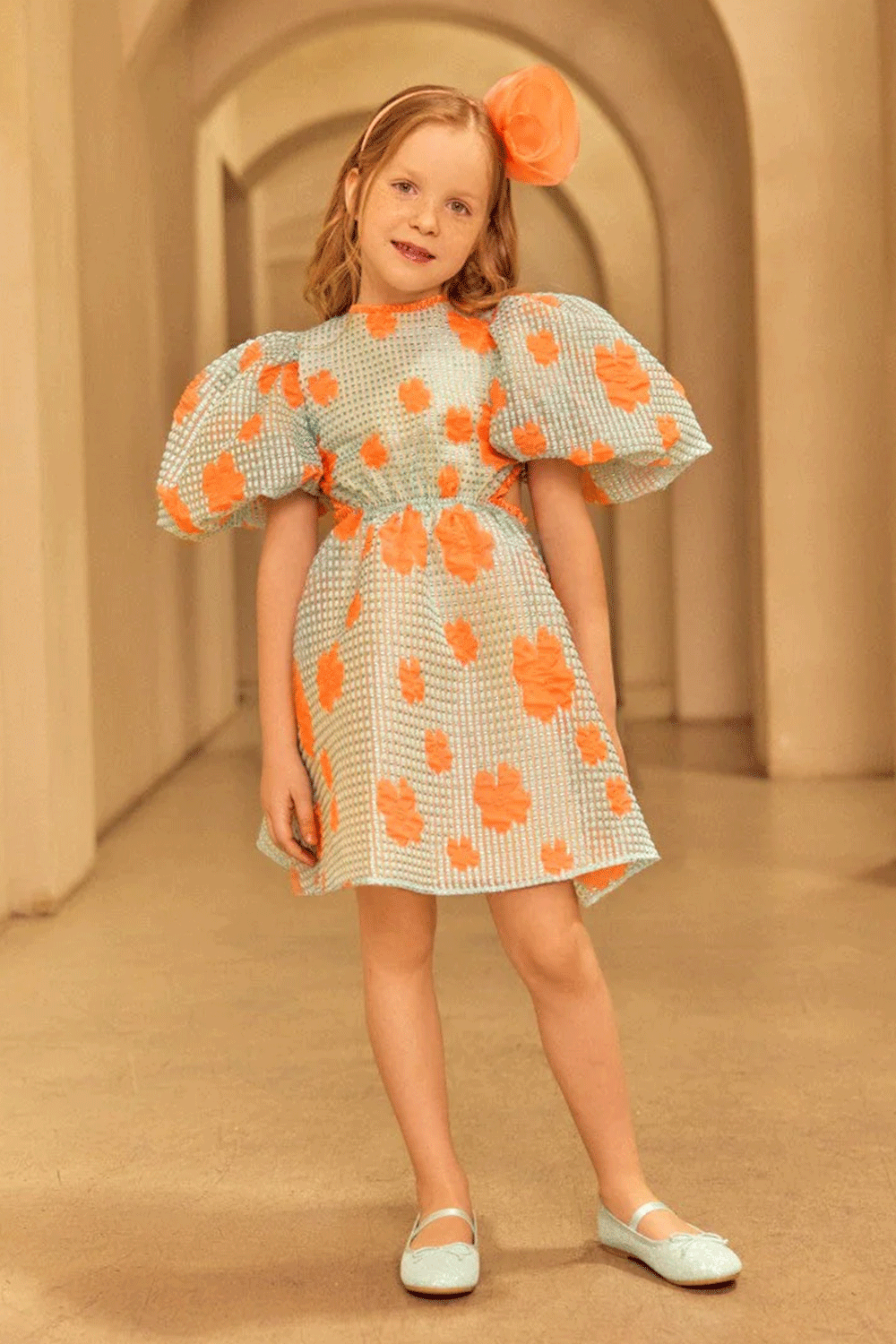 Aqua puff-sleeve jacquard organza dress with bold coral florals and a