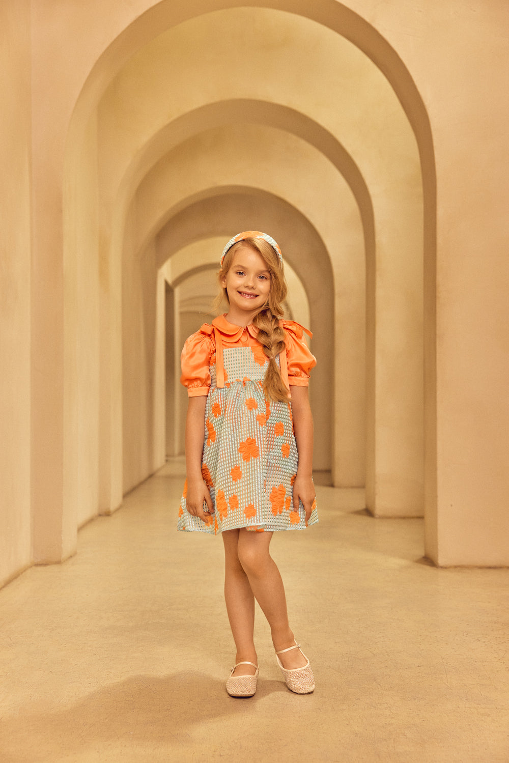 Аqua jacquard organza dress with thin bow straps, coral florals and si