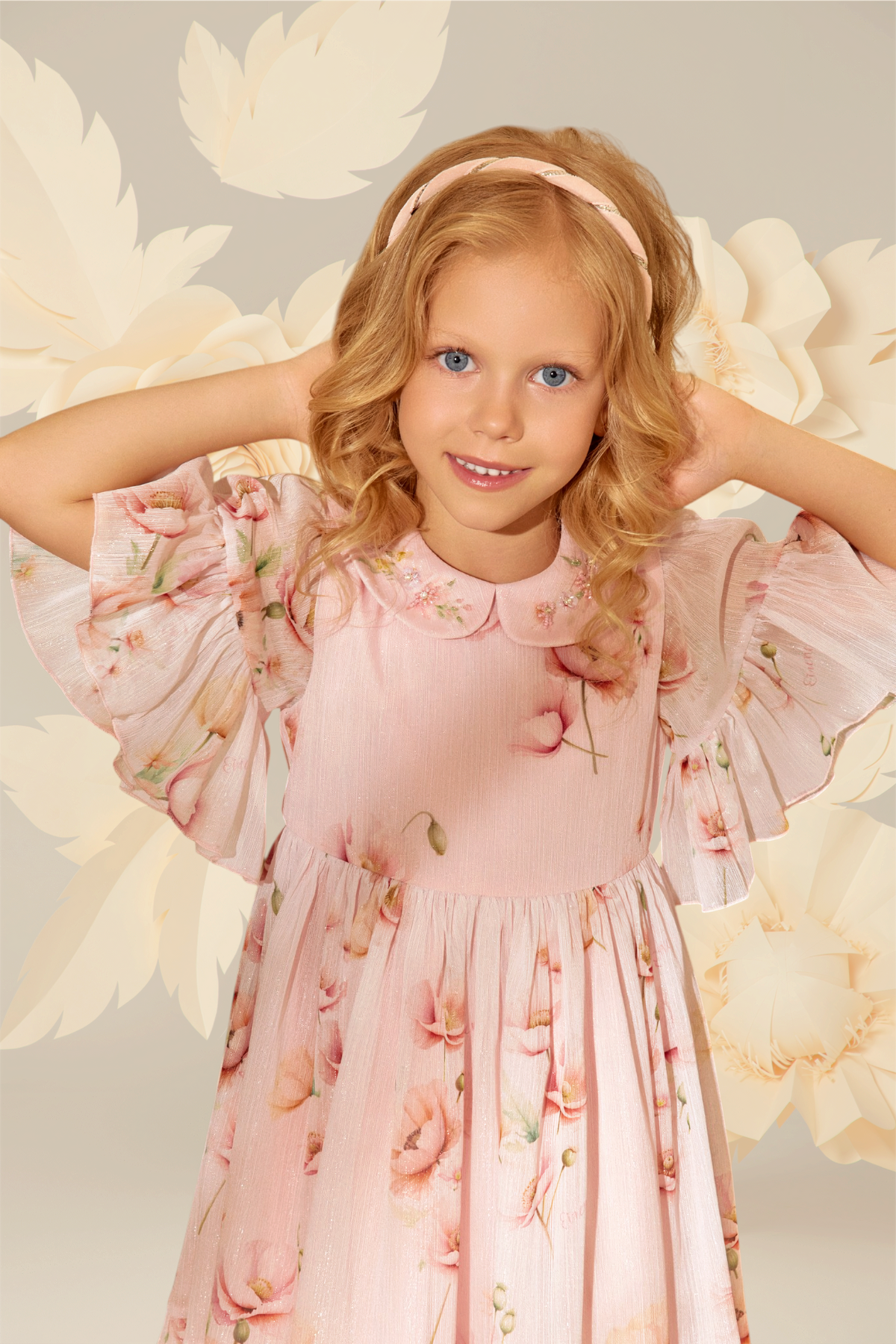 Light pink floral printed dress with an embellished collar