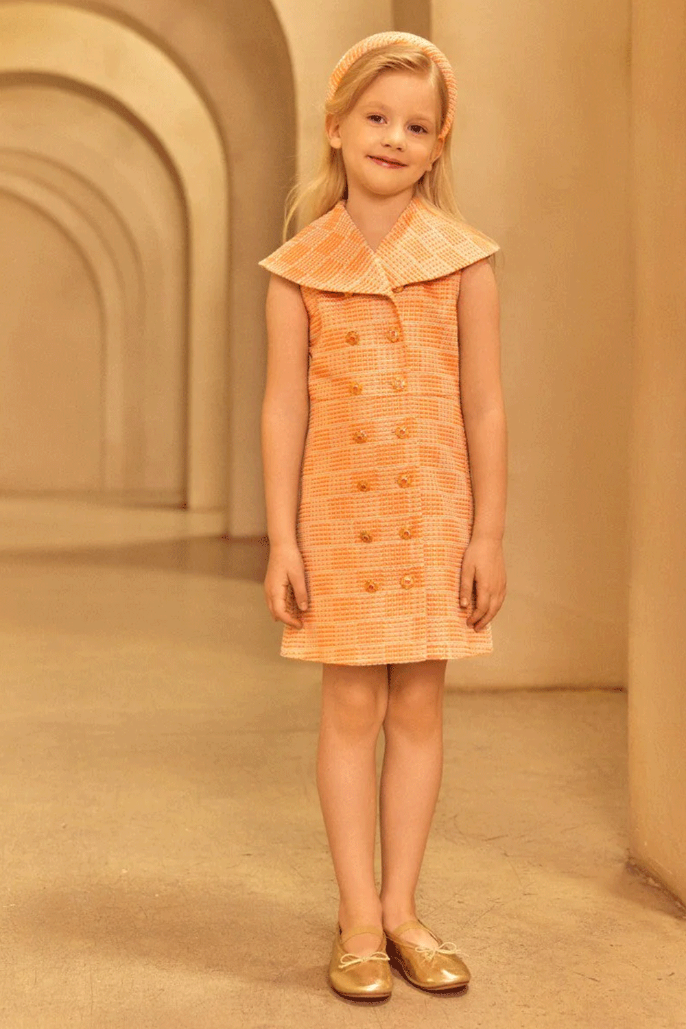 Sleeveless A-line dress in coral, aqua and rose gold tweed with a wide sailor collar and double-breasted button detail 13-14 years / Pink Sleeveless A-line dress in coral, aqua and rose gold tweed with a wide sailor collar and double-breasted button detail 13-14 years / Pink