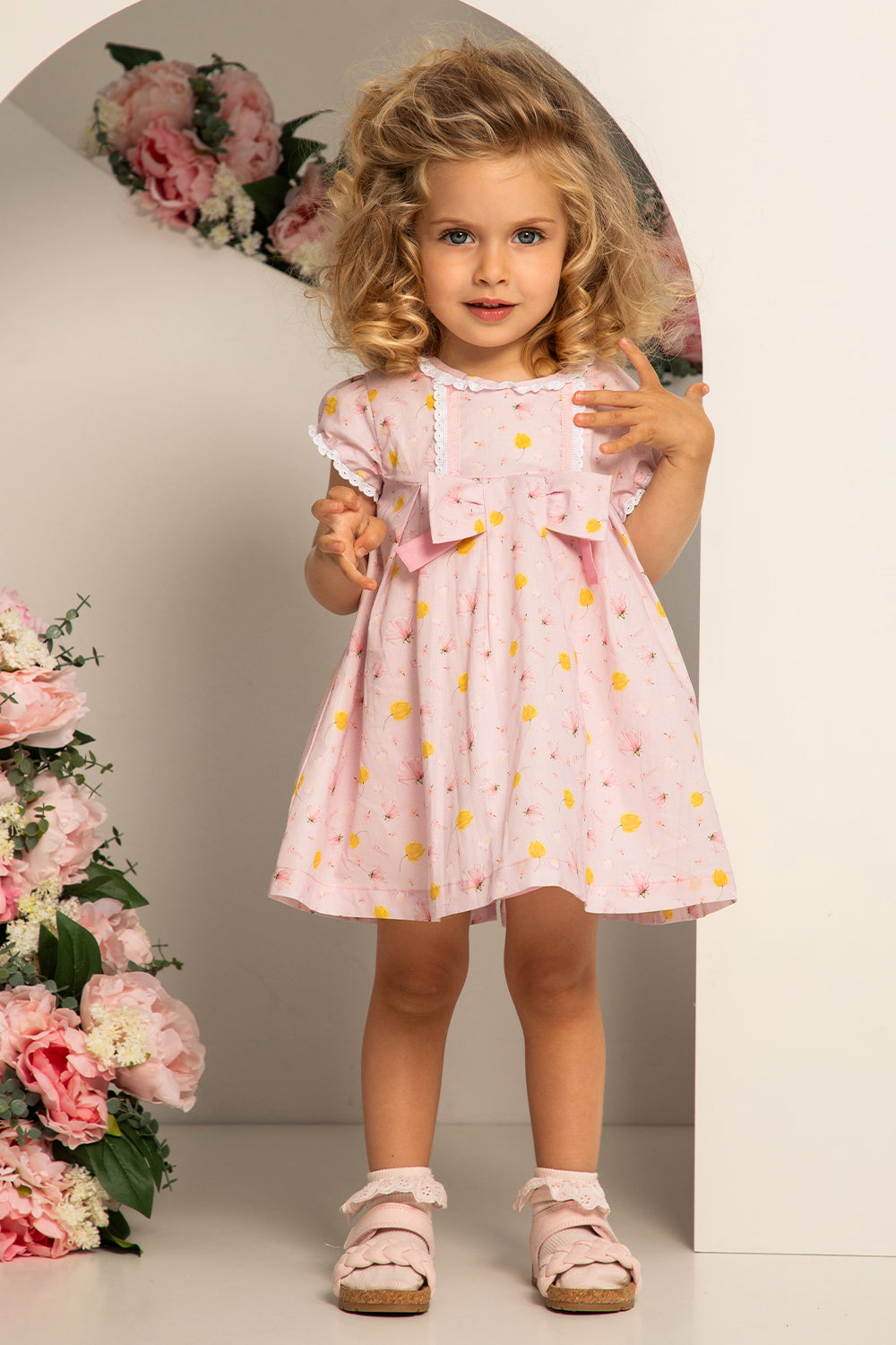 Pink satin cotton mini floral baby dress with bow with matching knicke