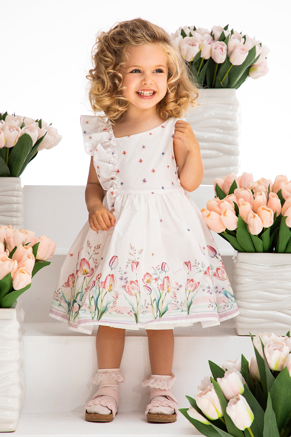 One shoulder and frill satin cotton baby dress with tulip print with matching knickers