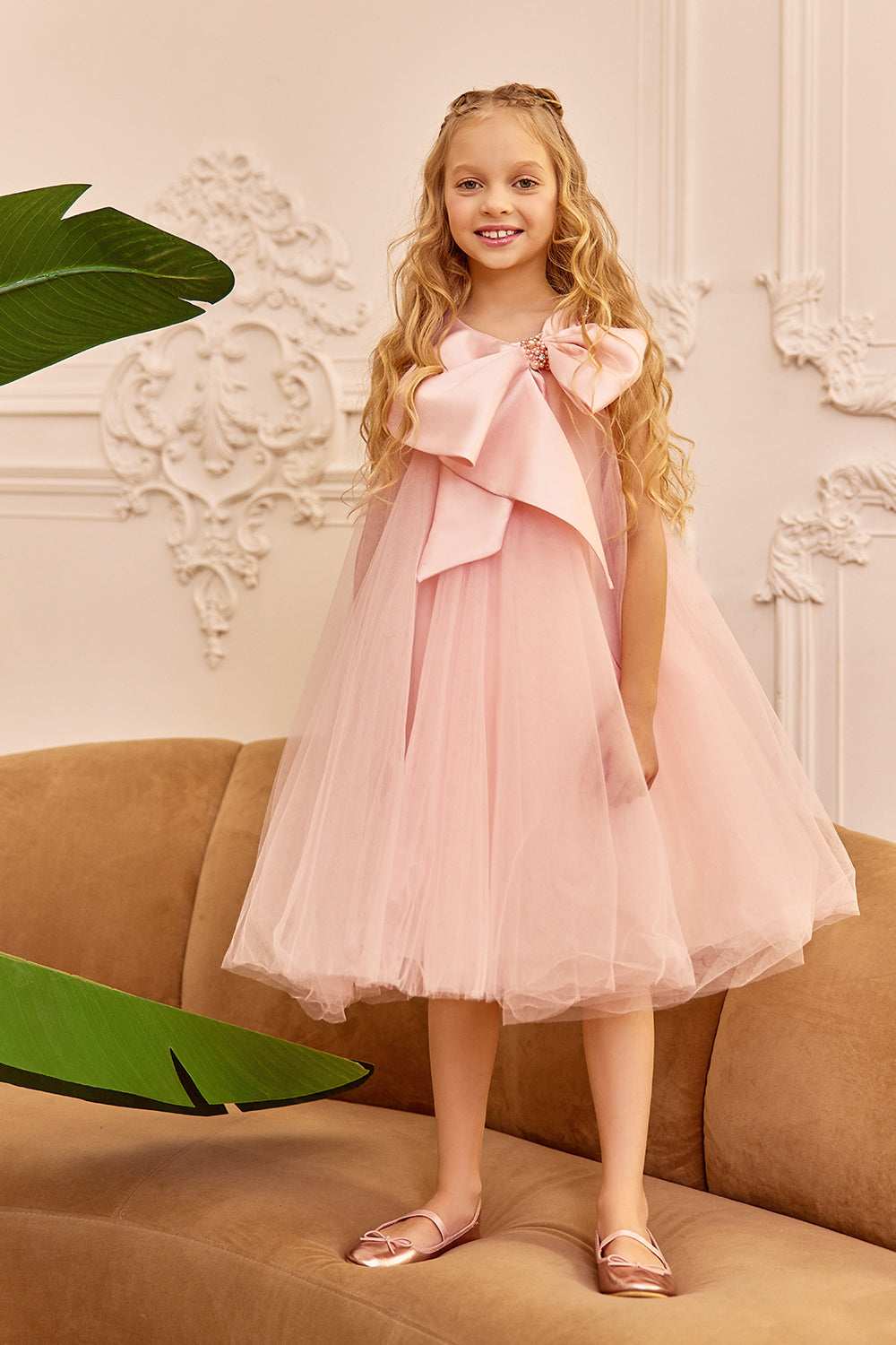 Bow-tie collar puffy tulle girl children dress in pink