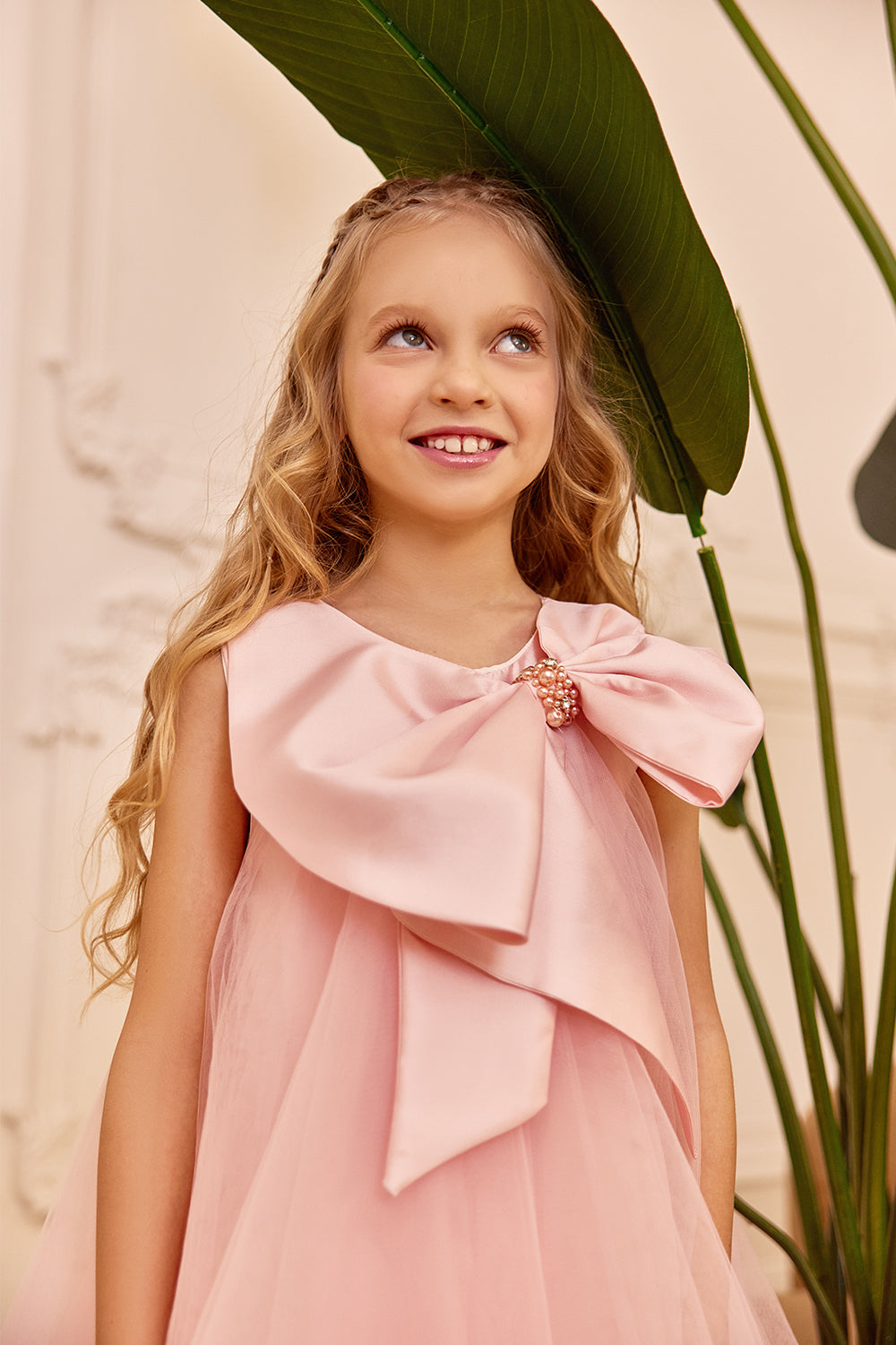 Bow-tie collar puffy tulle girl children dress in pink