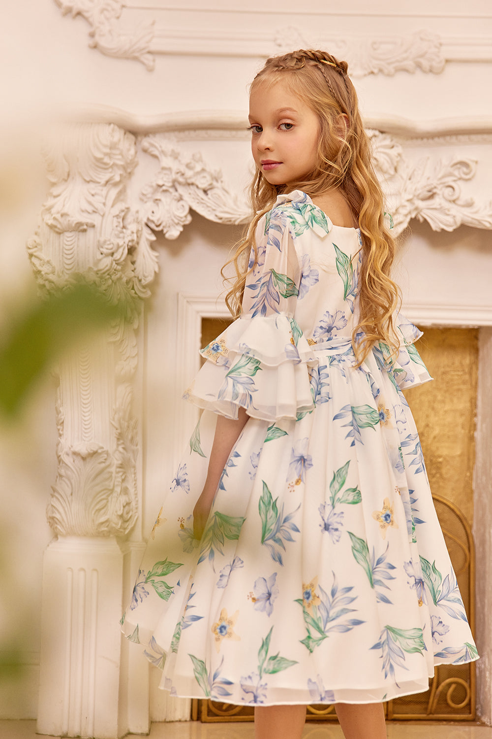 Chiffon floral dress with green bow