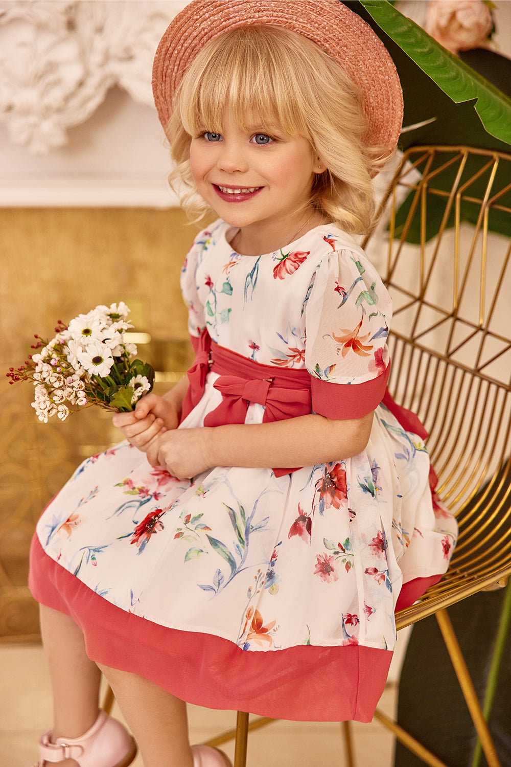 Chiffon floral baby dress with two red bow